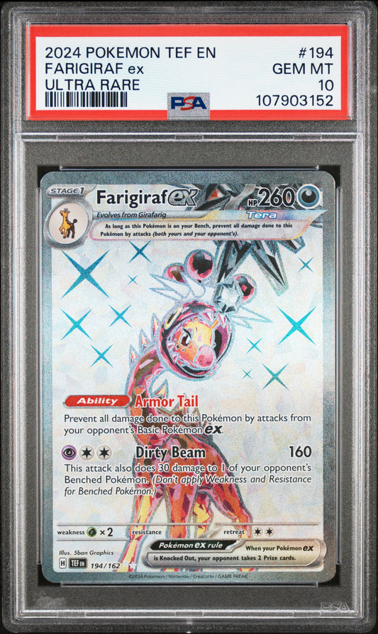 FARIGIRAF EX 194/162 Common POKEMON TEF EN-TEMPORAL FORCES ULTRA RARE PSA10 GEM MT 10 PSA population 166 <a href=https://www.psacard.com/cert/107903152/psa>https://www.psacard.com/cert/107903152/psa</a>