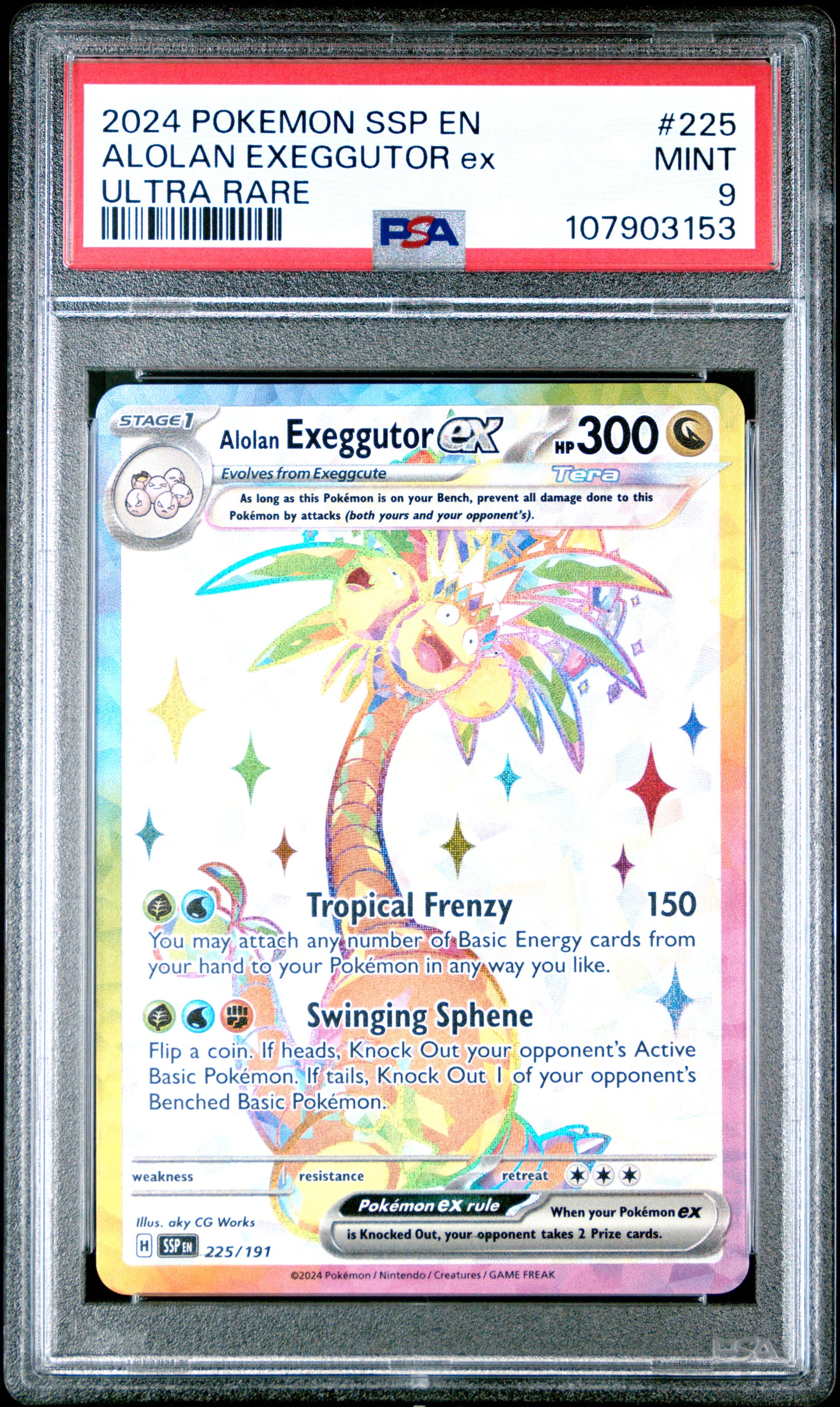 ALOLAN EXEGGUTOR EX 225/191 Common POKEMON SSP EN-SURGING SPARKS ULTRA RARE PSA9 MINT 9 PSA population 632 <a href=https://www.psacard.com/cert/107903153/psa>https://www.psacard.com/cert/107903153/psa</a>