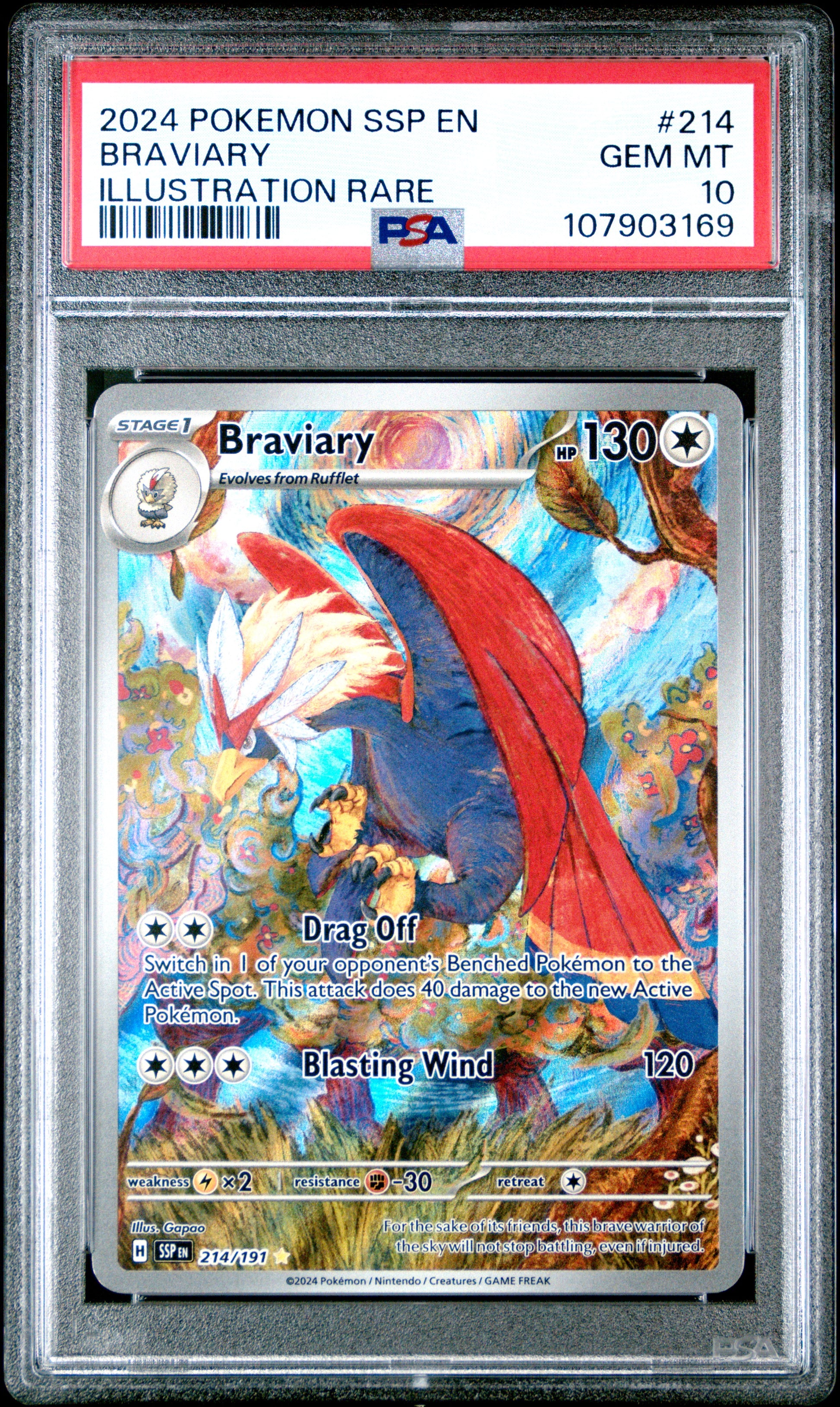 BRAVIARY 214/191 Common POKEMON SSP EN-SURGING SPARKS ILLUSTRATION RARE PSA10 GEM MT 10 PSA population 933 <a href=https://www.psacard.com/cert/107903169/psa>https://www.psacard.com/cert/107903169/psa</a>