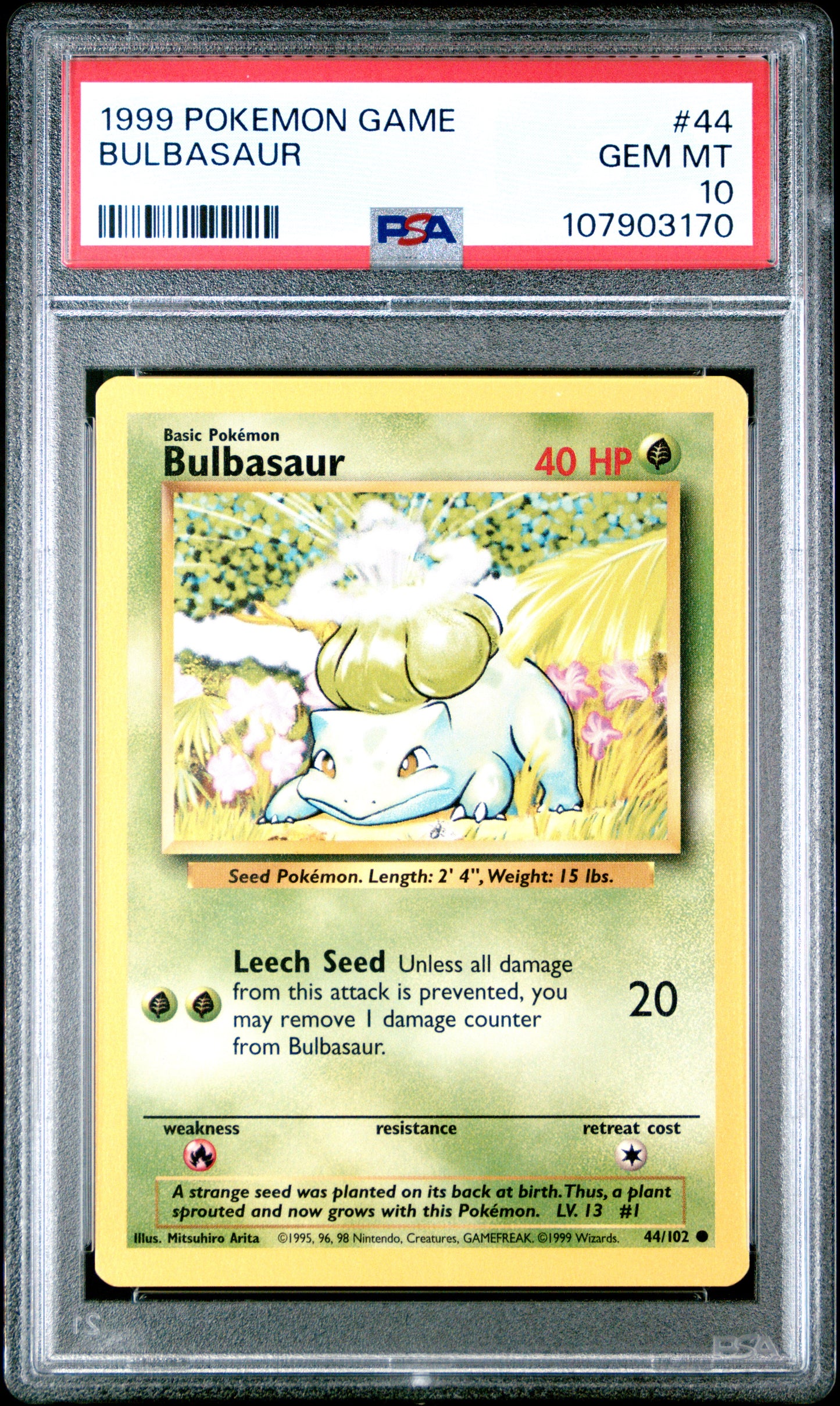 BULBASAUR 44/102 Unlimited POKEMON GAME PSA10 GEM MT 10 PSA population 2189 <a href=https://www.psacard.com/cert/107903170/psa>https://www.psacard.com/cert/107903170/psa</a>