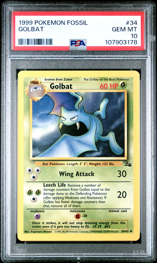 GOLBAT 34/62 Common POKEMON FOSSIL PSA10 GEM MT 10 PSA population 85 <a href=https://www.psacard.com/cert/107903178/psa>https://www.psacard.com/cert/107903178/psa</a>