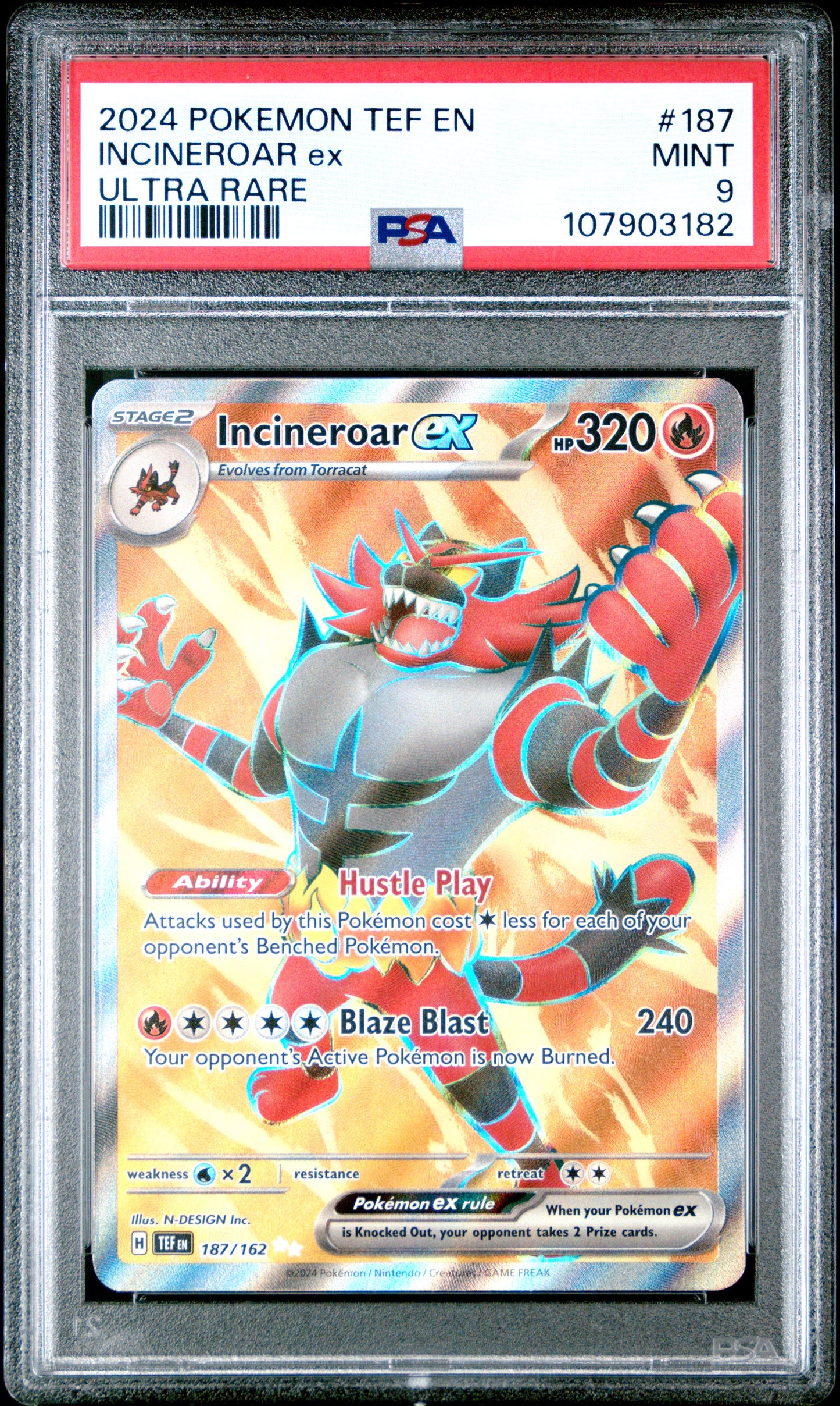 INCINEROAR EX 187/162 Common POKEMON TEF EN-TEMPORAL FORCES ULTRA RARE PSA9 MINT 9 PSA population 128 <a href=https://www.psacard.com/cert/107903182/psa>https://www.psacard.com/cert/107903182/psa</a>