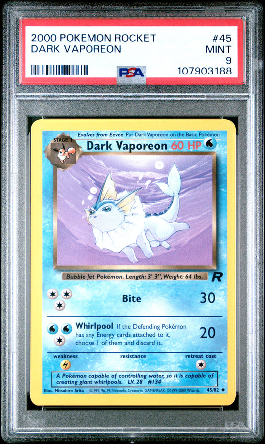 DARK VAPOREON 45/82 Common POKEMON ROCKET PSA9 MINT 9 PSA population 270 <a href=https://www.psacard.com/cert/107903188/psa>https://www.psacard.com/cert/107903188/psa</a>