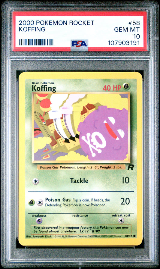 KOFFING 58/82 Common POKEMON ROCKET PSA10 GEM MT 10 PSA population 34 <a href=https://www.psacard.com/cert/107903191/psa>https://www.psacard.com/cert/107903191/psa</a>