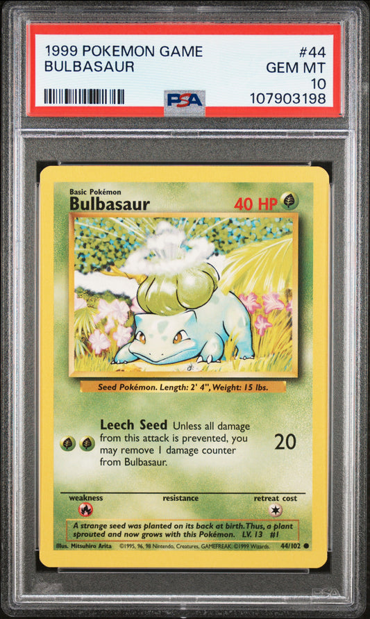 BULBASAUR 44/102 Unlimited POKEMON GAME PSA10 GEM MT 10 PSA population 2189 <a href=https://www.psacard.com/cert/107903198/psa>https://www.psacard.com/cert/107903198/psa</a>