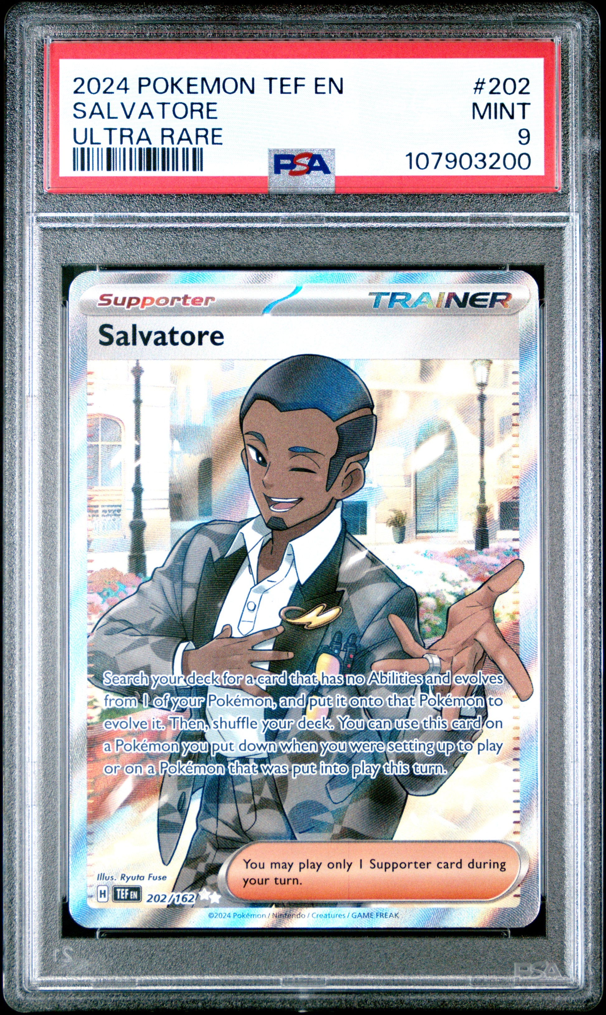 SALVATORE 202/162 Common POKEMON TEF EN-TEMPORAL FORCES ULTRA RARE PSA9 MINT 9 PSA population 92 <a href=https://www.psacard.com/cert/107903200/psa>https://www.psacard.com/cert/107903200/psa</a>