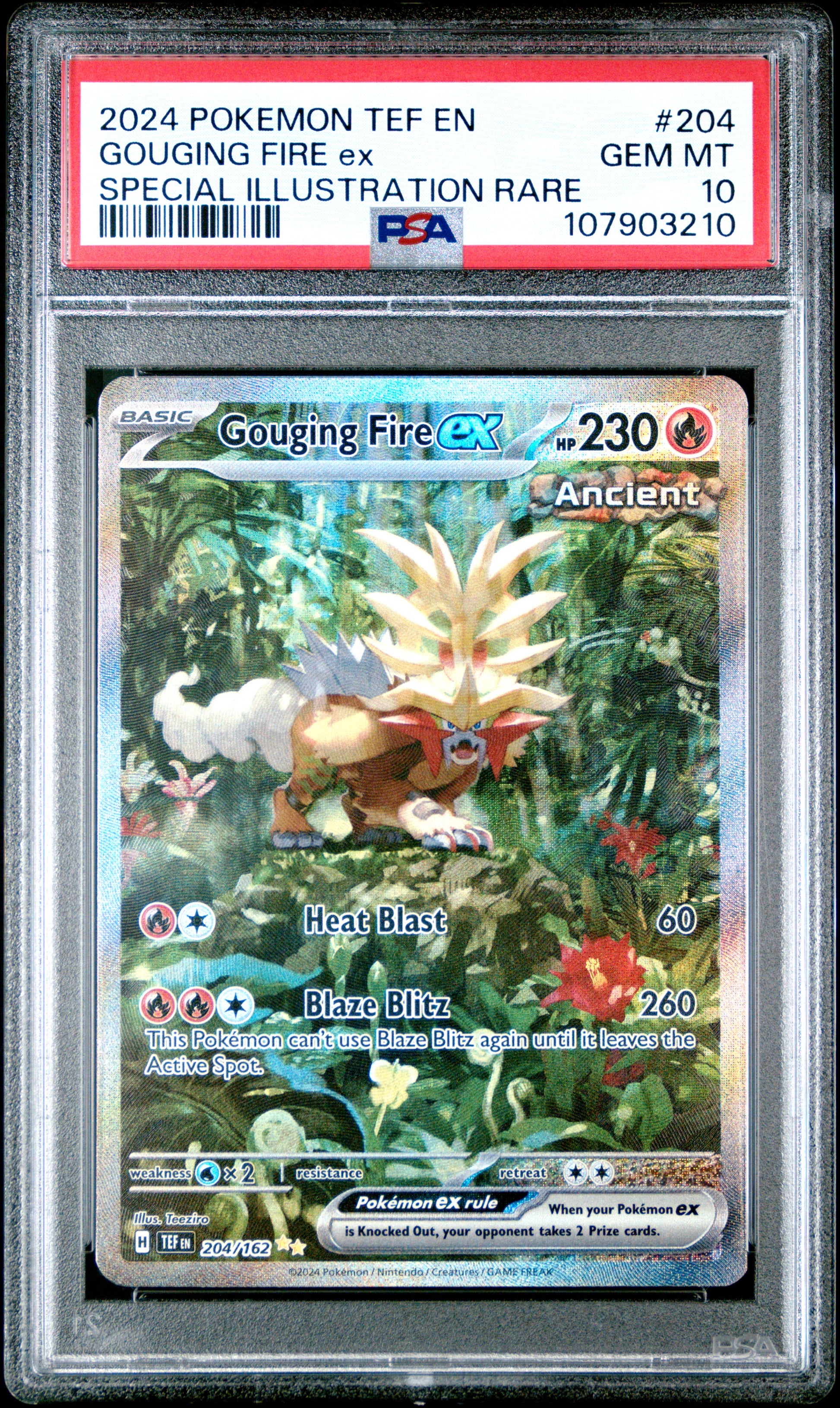GOUGING FIRE EX 204/162 Common POKEMON TEF EN-TEMPORAL FORCES SPECIAL ILLUSTRATION RARE PSA10 GEM MT 10 PSA population 2093 <a href=https://www.psacard.com/cert/107903210/psa>https://www.psacard.com/cert/107903210/psa</a>