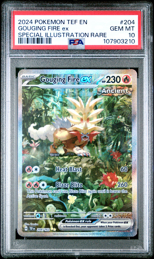 GOUGING FIRE EX 204/162 Common POKEMON TEF EN-TEMPORAL FORCES SPECIAL ILLUSTRATION RARE PSA10 GEM MT 10 PSA population 2093 <a href=https://www.psacard.com/cert/107903210/psa>https://www.psacard.com/cert/107903210/psa</a>