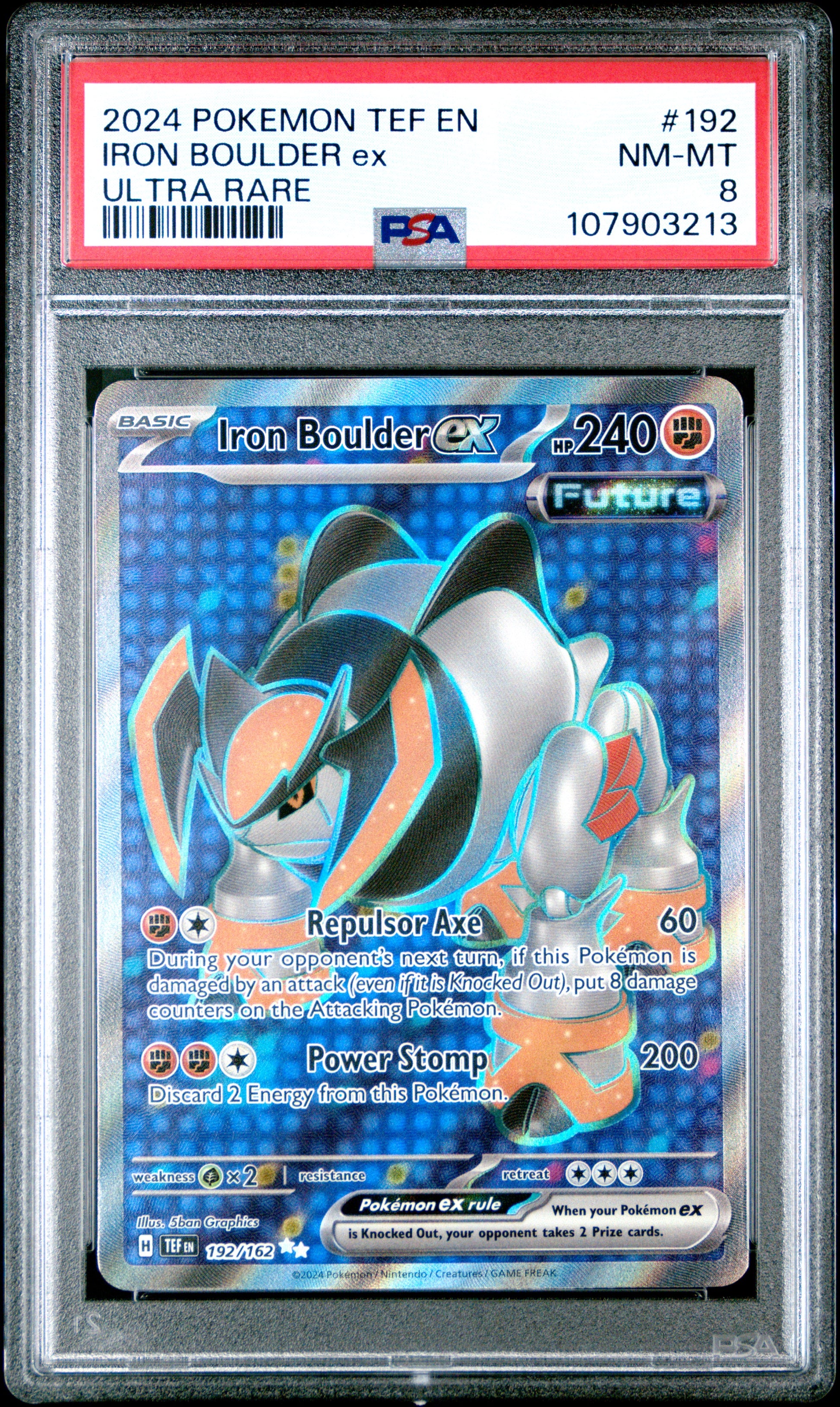 IRON BOULDER EX 192/162 Common POKEMON TEF EN-TEMPORAL FORCES ULTRA RARE PSA8 NM-MT 8 PSA population 13 <a href=https://www.psacard.com/cert/107903213/psa>https://www.psacard.com/cert/107903213/psa</a>