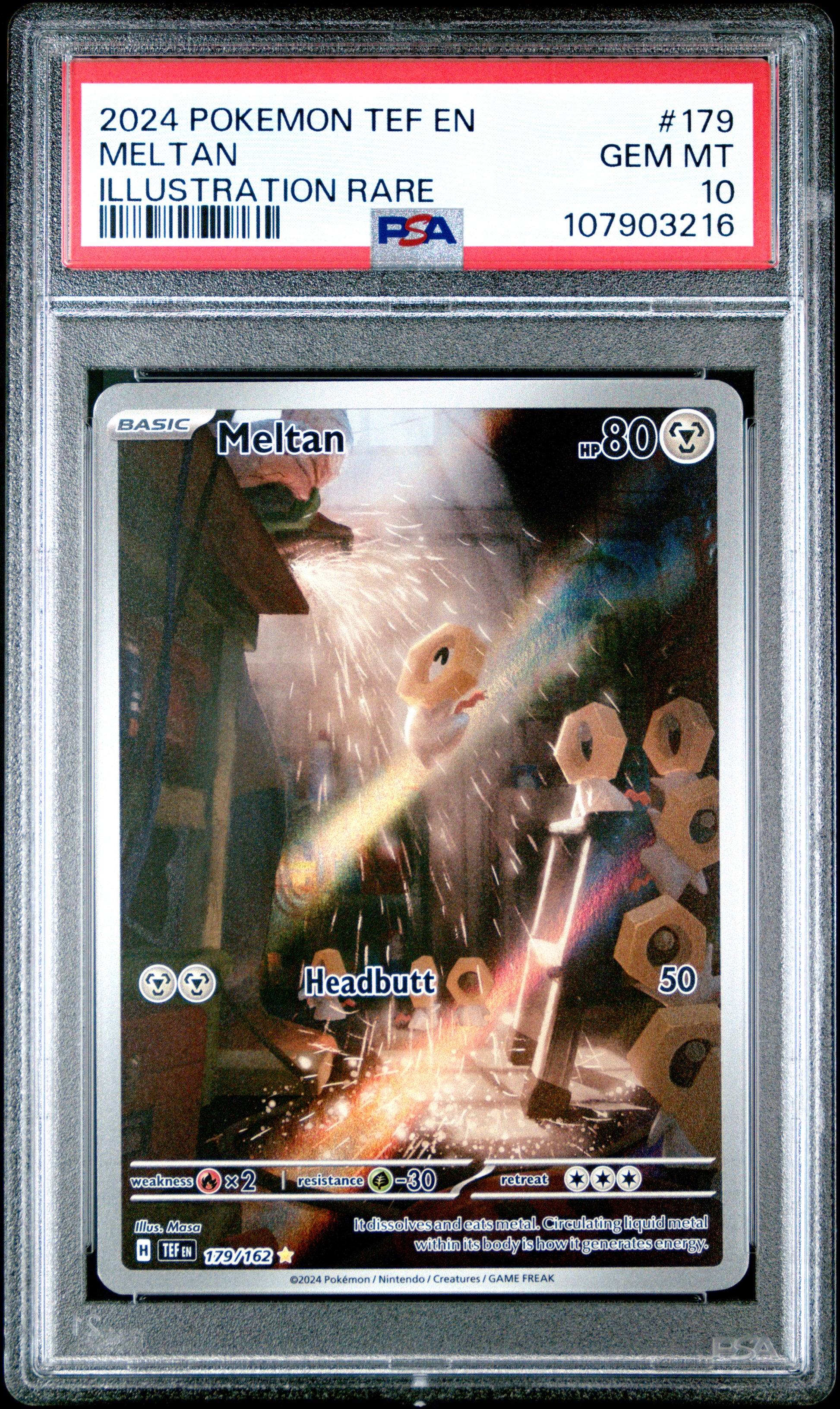 MELTAN 179/162 Common POKEMON TEF EN-TEMPORAL FORCES ILLUSTRATION RARE PSA10 GEM MT 10 PSA population 261 <a href=https://www.psacard.com/cert/107903216/psa>https://www.psacard.com/cert/107903216/psa</a>