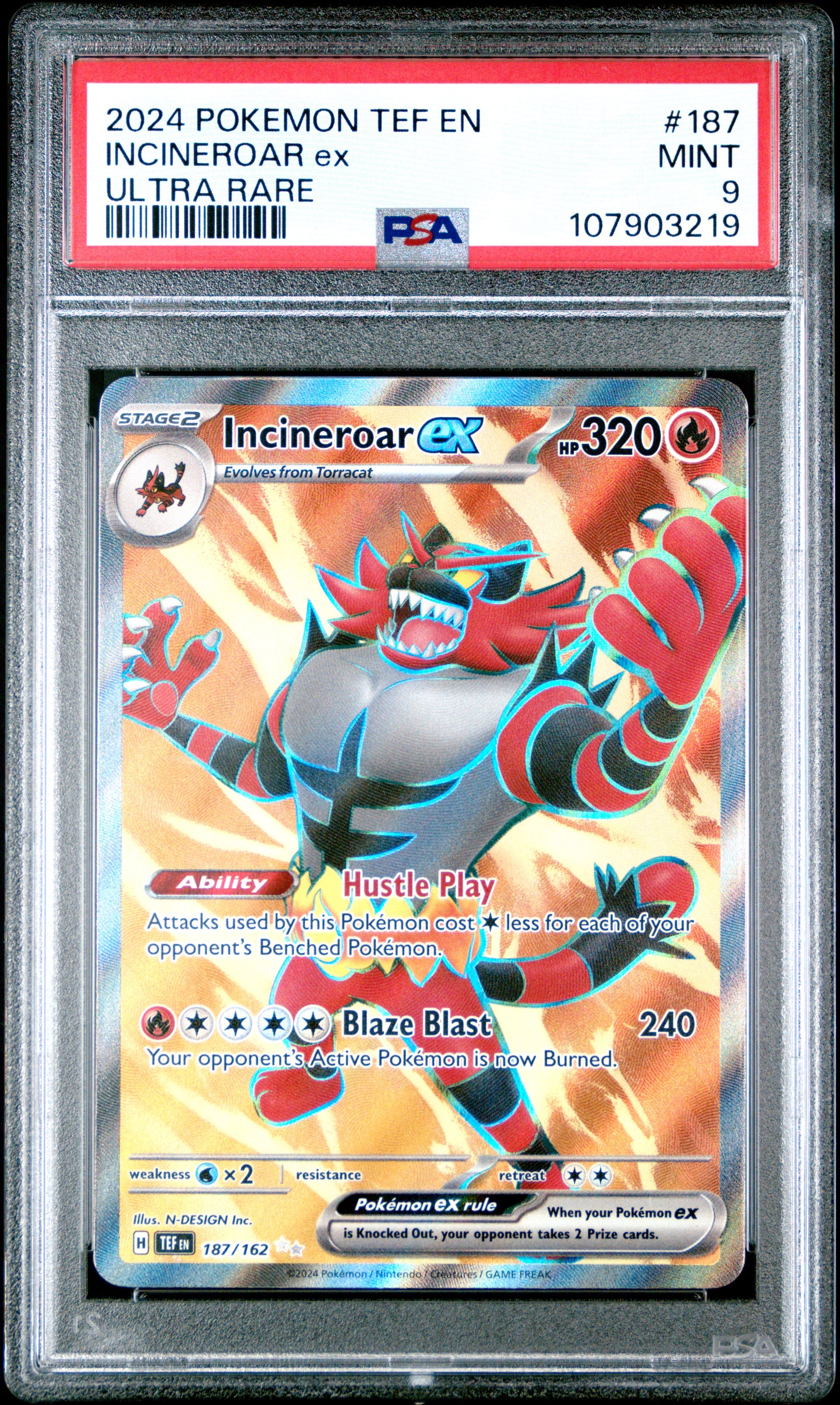 INCINEROAR EX 187/162 Common POKEMON TEF EN-TEMPORAL FORCES ULTRA RARE PSA9 MINT 9 PSA population 128 <a href=https://www.psacard.com/cert/107903219/psa>https://www.psacard.com/cert/107903219/psa</a>