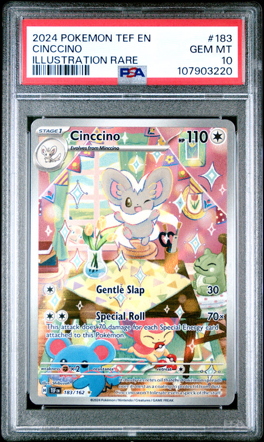 CINCCINO 183/162 Common POKEMON TEF EN-TEMPORAL FORCES ILLUSTRATION RARE PSA10 GEM MT 10 PSA population 729 <a href=https://www.psacard.com/cert/107903220/psa>https://www.psacard.com/cert/107903220/psa</a>