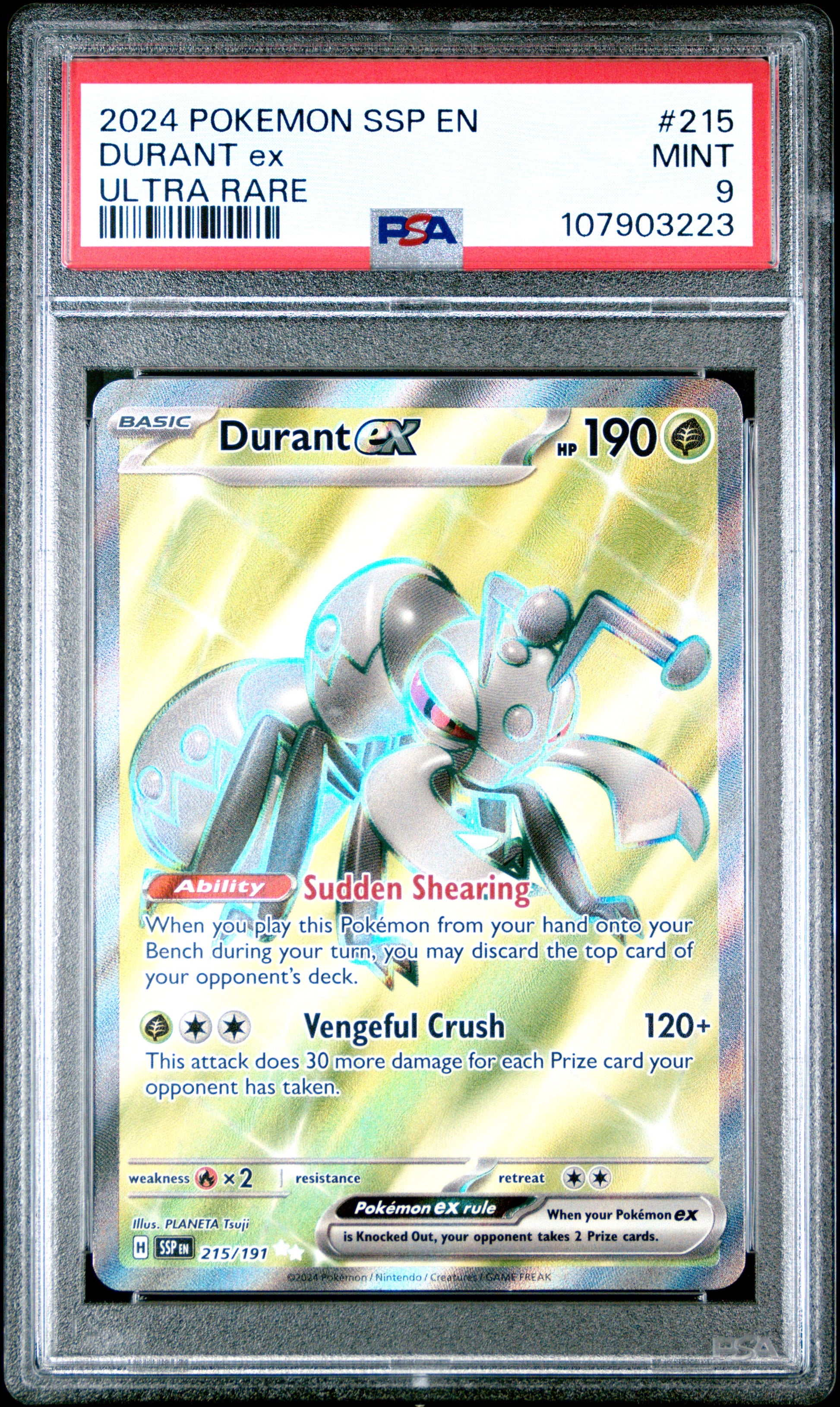 DURANT EX 215/191 Common POKEMON SSP EN-SURGING SPARKS ULTRA RARE PSA9 MINT 9 PSA population 132 <a href=https://www.psacard.com/cert/107903223/psa>https://www.psacard.com/cert/107903223/psa</a>