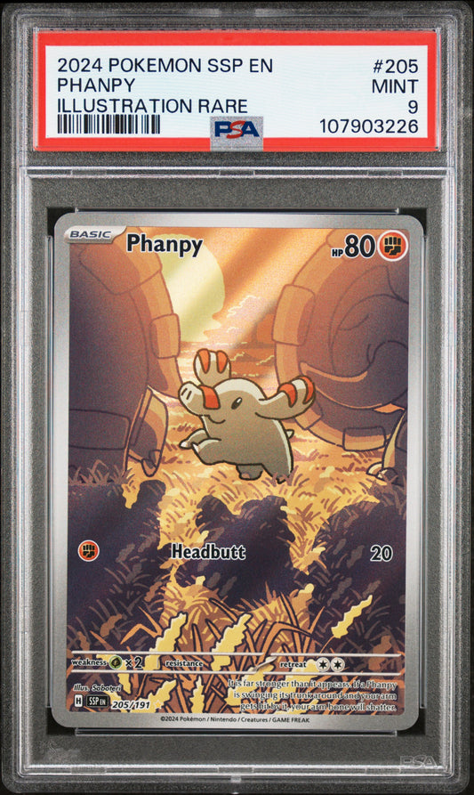 PHANPY 205/191 Common POKEMON SSP EN-SURGING SPARKS ILLUSTRATION RARE PSA9 MINT 9 PSA population 1507 <a href=https://www.psacard.com/cert/107903226/psa>https://www.psacard.com/cert/107903226/psa</a>