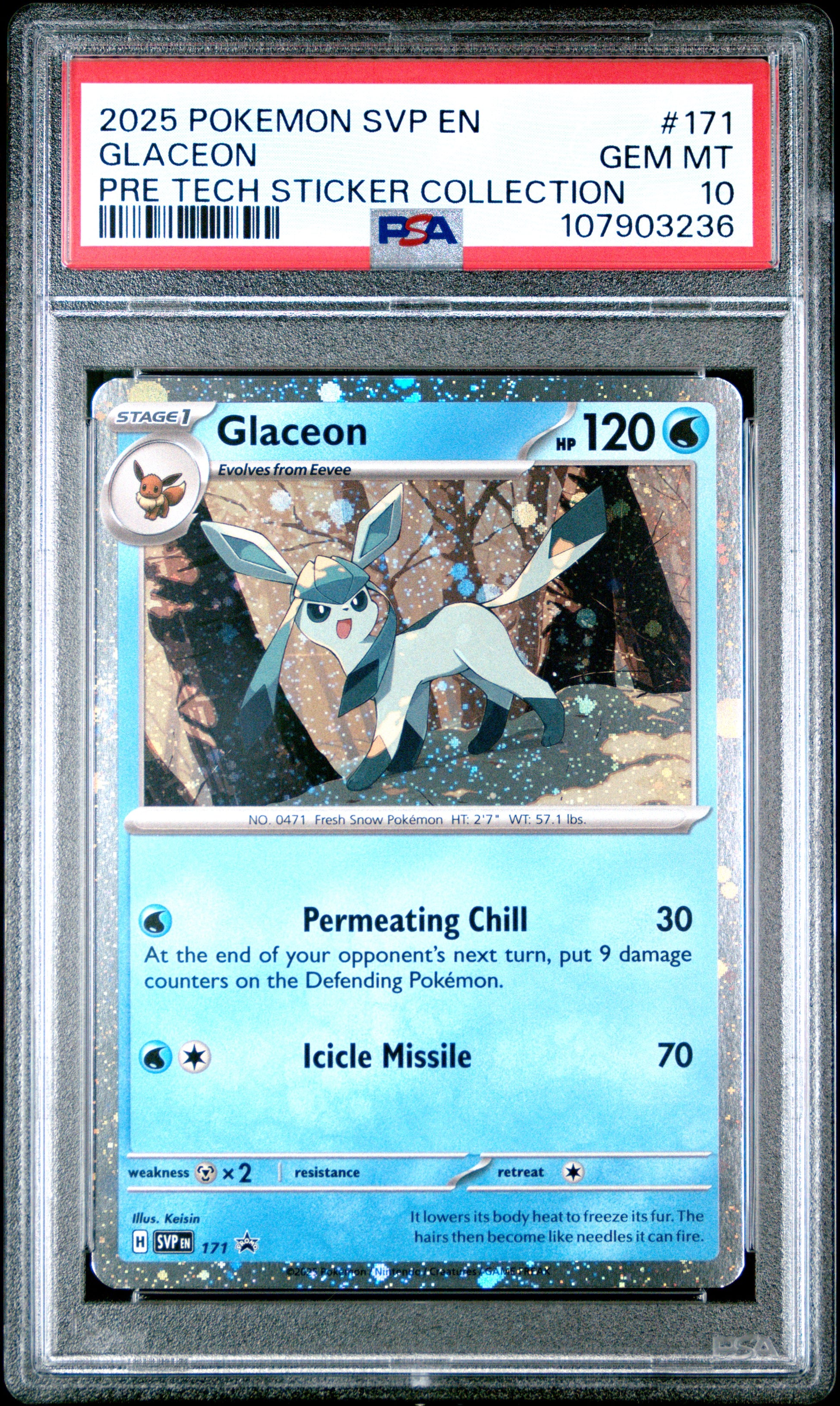 GLACEON 171/SVP Common POKEMON SVP EN-SV BLACK STAR PROMO PRE TECH STICKER COLLECTION PSA10 GEM MT 10 PSA population 186 <a href=https://www.psacard.com/cert/107903236/psa>https://www.psacard.com/cert/107903236/psa</a>
