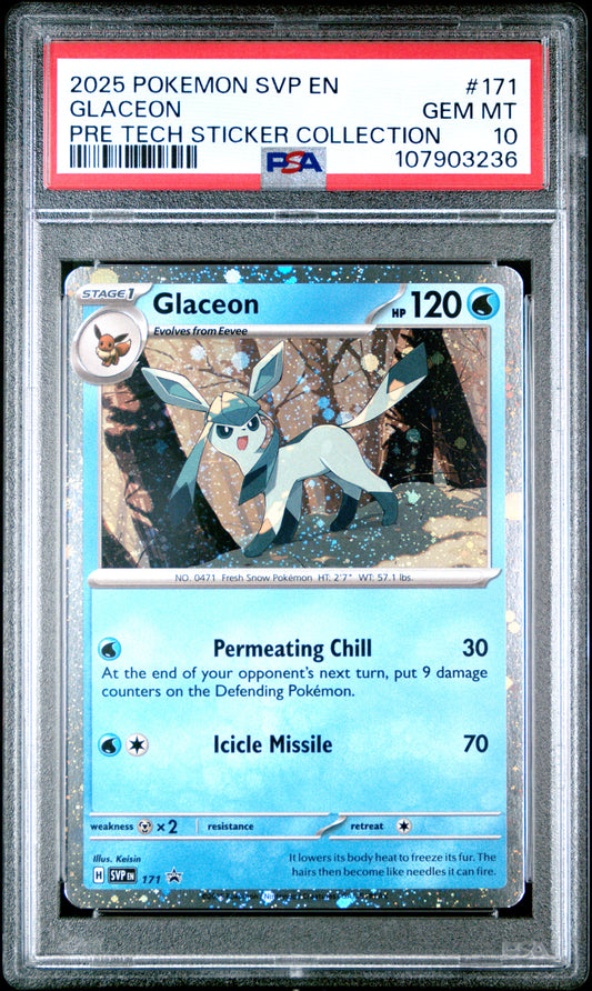GLACEON 171/SVP Common POKEMON SVP EN-SV BLACK STAR PROMO PRE TECH STICKER COLLECTION PSA10 GEM MT 10 PSA population 186 <a href=https://www.psacard.com/cert/107903236/psa>https://www.psacard.com/cert/107903236/psa</a>