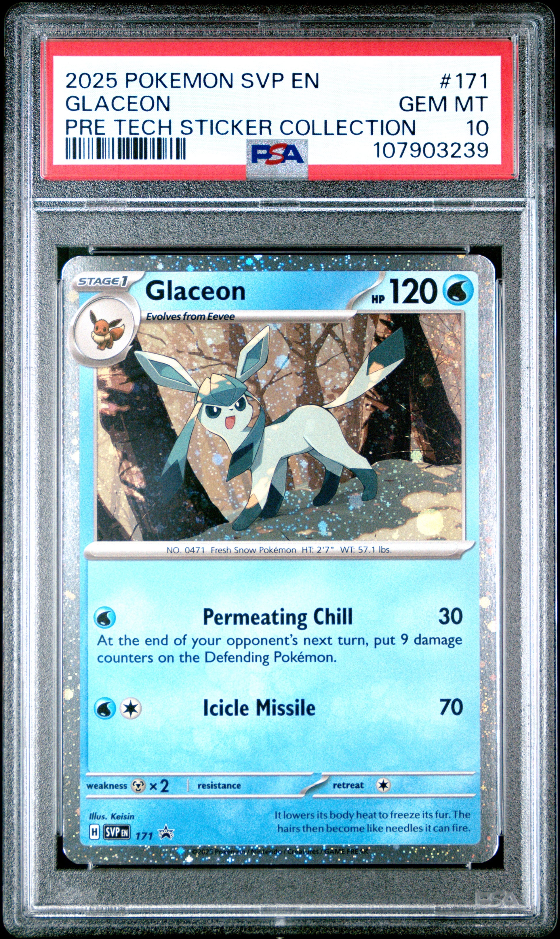 GLACEON 171/SVP Common POKEMON SVP EN-SV BLACK STAR PROMO PRE TECH STICKER COLLECTION PSA10 GEM MT 10 PSA population 186 <a href=https://www.psacard.com/cert/107903239/psa>https://www.psacard.com/cert/107903239/psa</a>