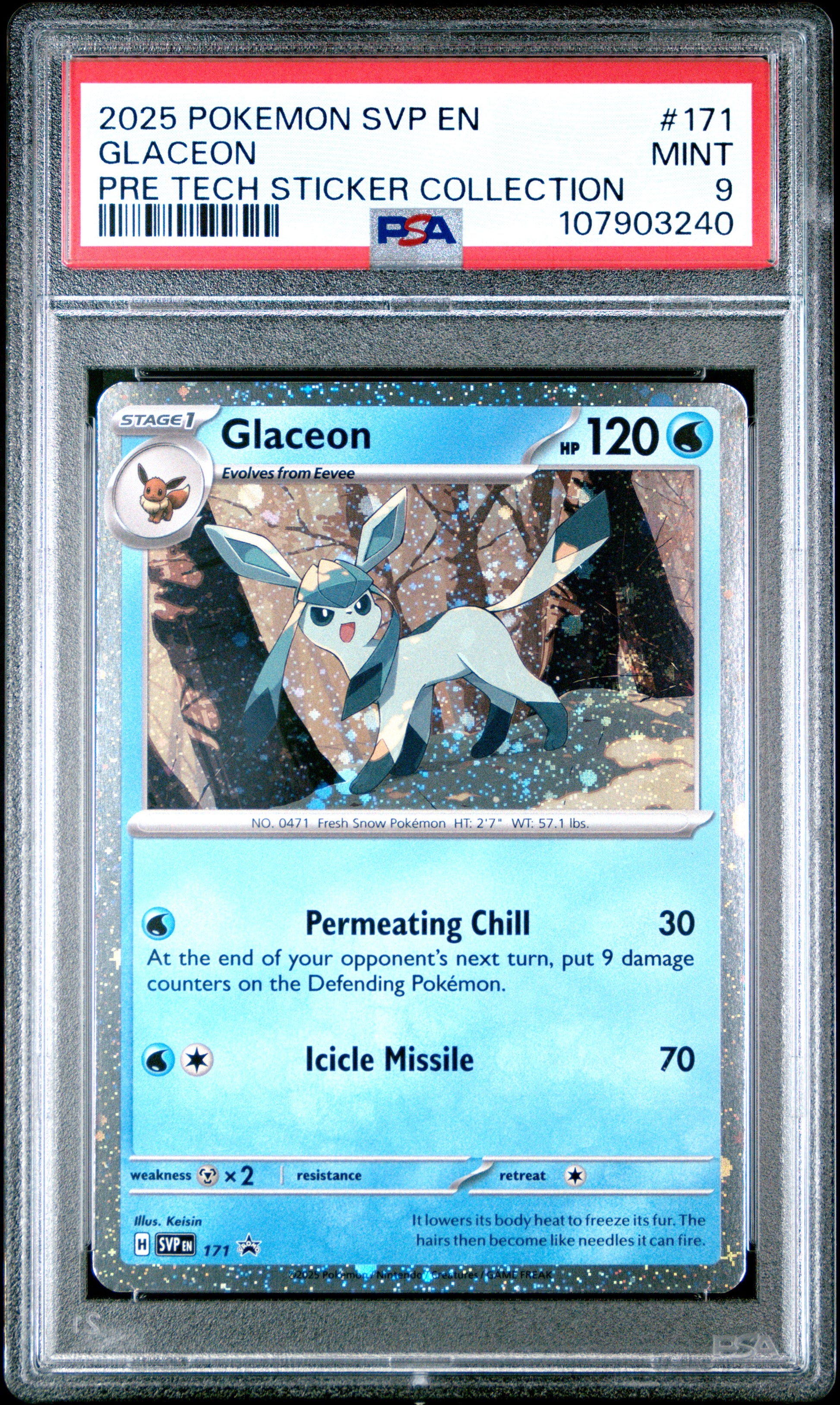 GLACEON 171/SVP Common POKEMON SVP EN-SV BLACK STAR PROMO PRE TECH STICKER COLLECTION PSA9 MINT 9 PSA population 318 <a href=https://www.psacard.com/cert/107903240/psa>https://www.psacard.com/cert/107903240/psa</a>
