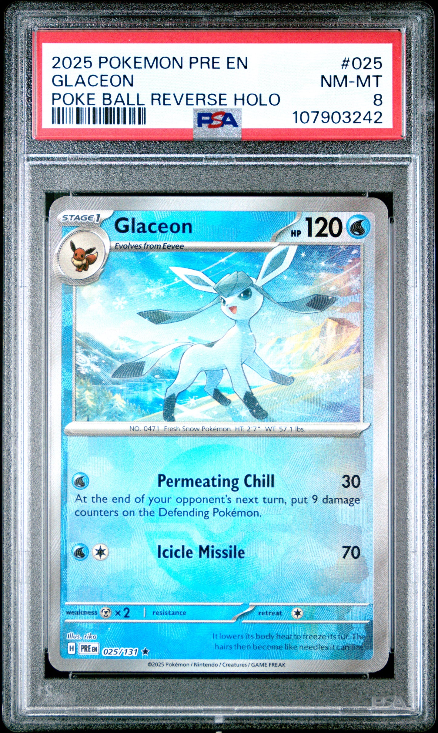 GLACEON 25/131 [Poke Ball] POKEMON PRE EN-PRISMATIC EVOLUTIONS POKE BALL REVERSE HOLO PSA8 NM-MT 8 PSA population 86 <a href=https://www.psacard.com/cert/107903242/psa>https://www.psacard.com/cert/107903242/psa</a>