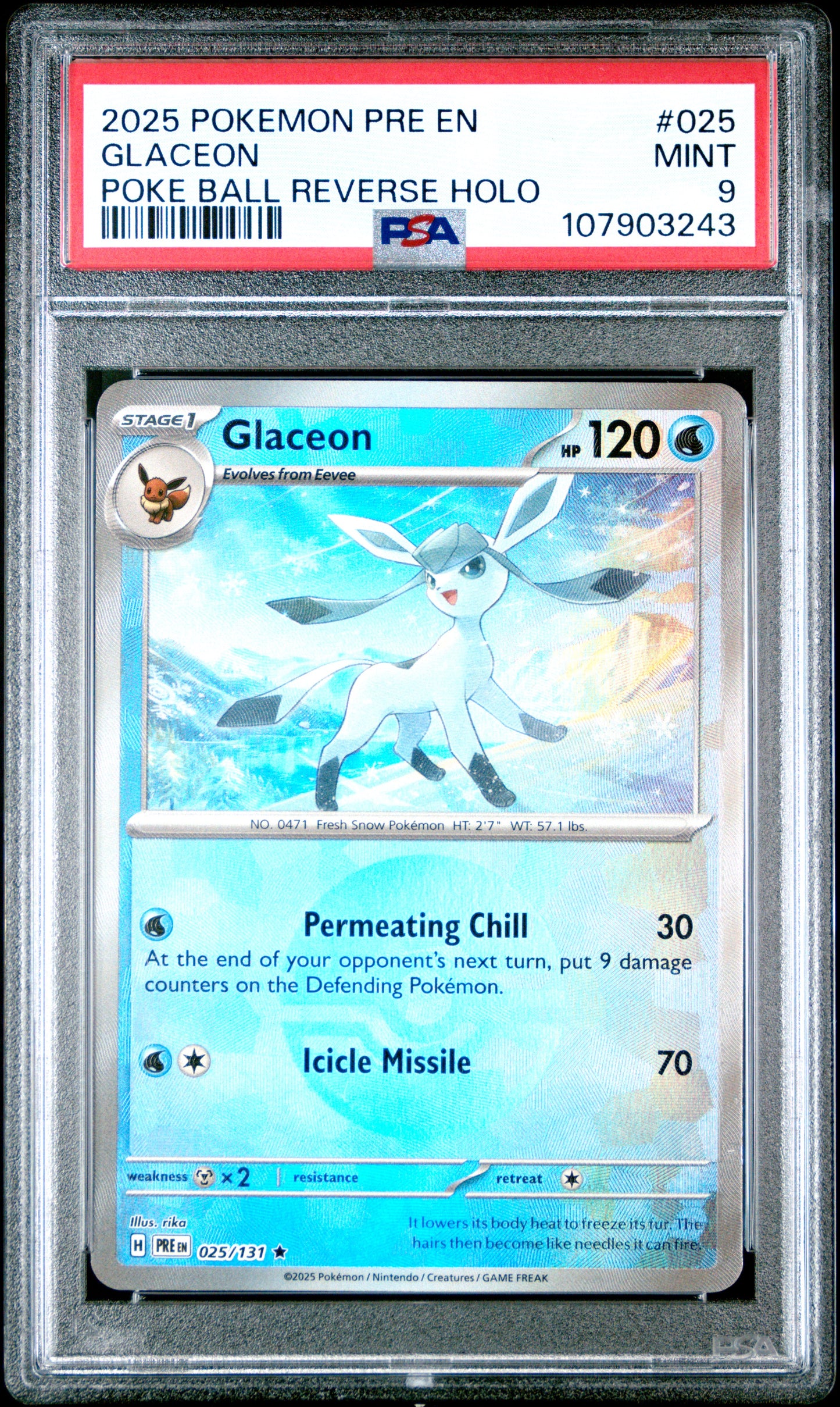 GLACEON 25/131 [Poke Ball] POKEMON PRE EN-PRISMATIC EVOLUTIONS POKE BALL REVERSE HOLO PSA9 MINT 9 PSA population 284 <a href=https://www.psacard.com/cert/107903243/psa>https://www.psacard.com/cert/107903243/psa</a>