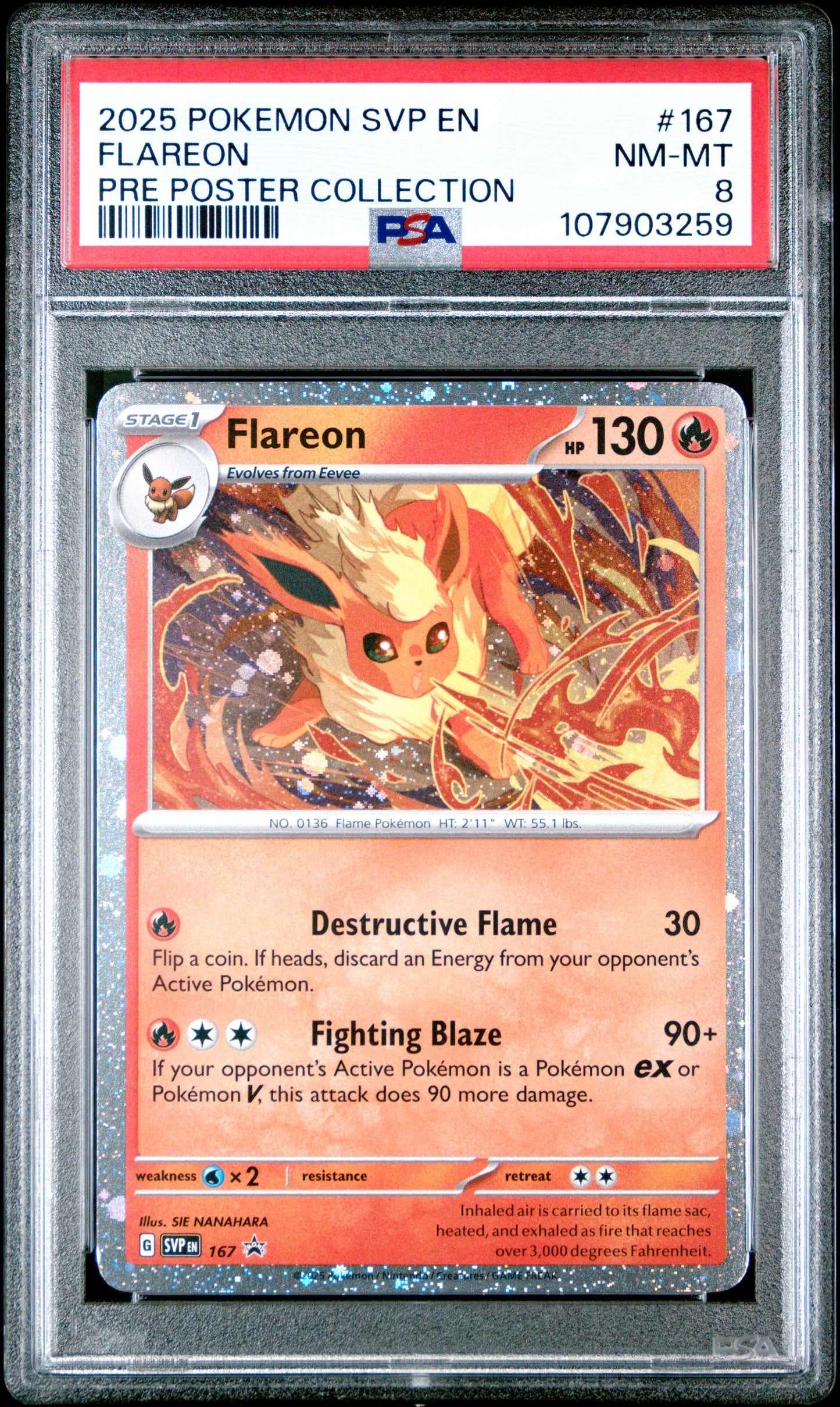 FLAREON 167/SVP [Cosmos Holo]  POKEMON SVP EN-SV BLACK STAR PROMO PRE POSTER COLLECTION PSA8 NM-MT 8 PSA population 174 <a href=https://www.psacard.com/cert/107903259/psa>https://www.psacard.com/cert/107903259/psa</a>