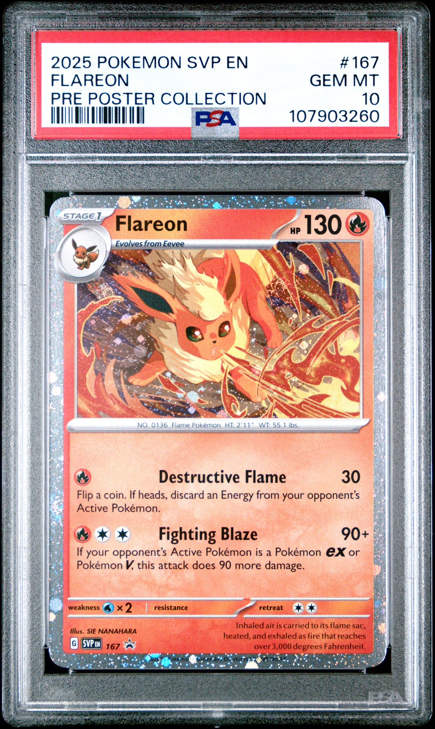 FLAREON 167/SVP [Cosmos Holo]  POKEMON SVP EN-SV BLACK STAR PROMO PRE POSTER COLLECTION PSA10 GEM MT 10 PSA population 506 <a href=https://www.psacard.com/cert/107903260/psa>https://www.psacard.com/cert/107903260/psa</a>