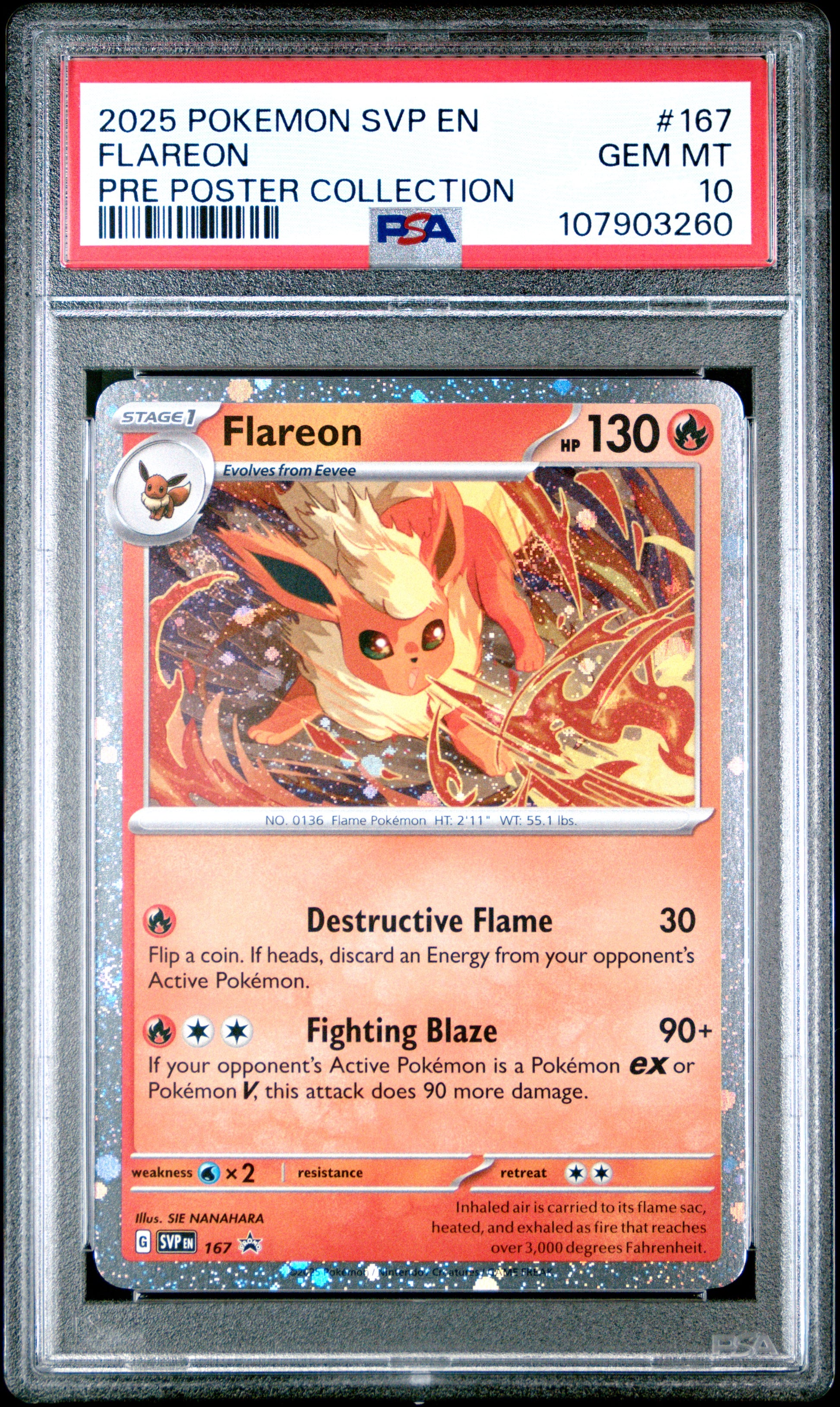 FLAREON 167/SVP [Cosmos Holo]  POKEMON SVP EN-SV BLACK STAR PROMO PRE POSTER COLLECTION PSA10 GEM MT 10 PSA population 506 <a href=https://www.psacard.com/cert/107903260/psa>https://www.psacard.com/cert/107903260/psa</a>