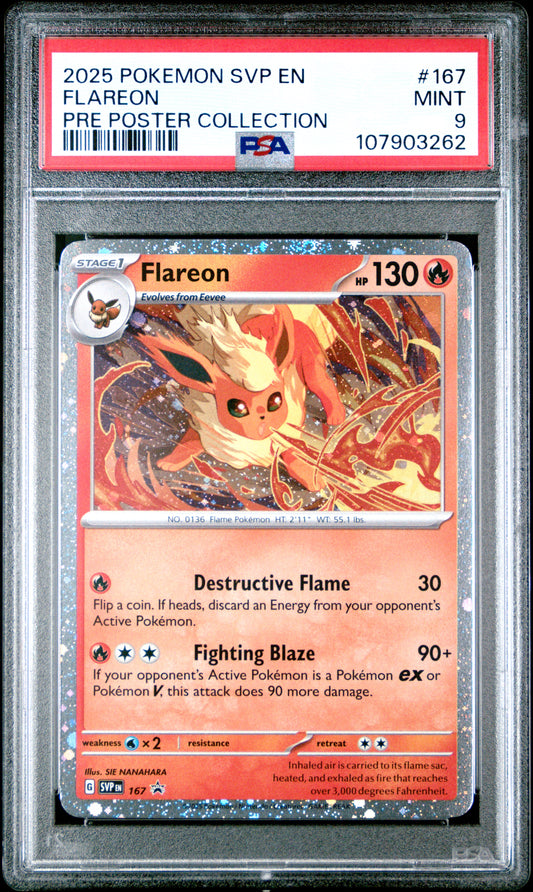 FLAREON 167/SVP [Cosmos Holo]  POKEMON SVP EN-SV BLACK STAR PROMO PRE POSTER COLLECTION PSA9 MINT 9 PSA population 858 <a href=https://www.psacard.com/cert/107903262/psa>https://www.psacard.com/cert/107903262/psa</a>