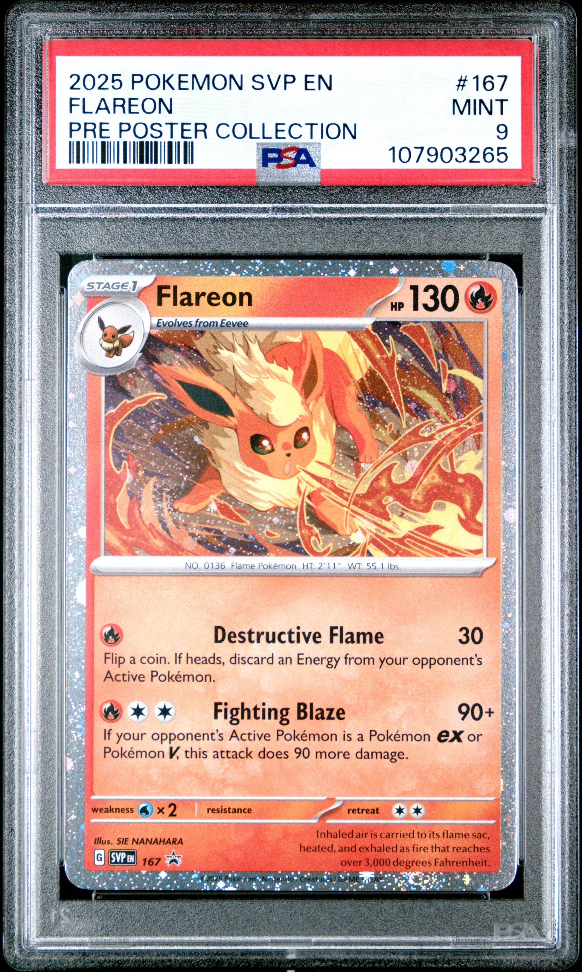 FLAREON 167/SVP [Cosmos Holo]  POKEMON SVP EN-SV BLACK STAR PROMO PRE POSTER COLLECTION PSA9 MINT 9 PSA population 858 <a href=https://www.psacard.com/cert/107903265/psa>https://www.psacard.com/cert/107903265/psa</a>