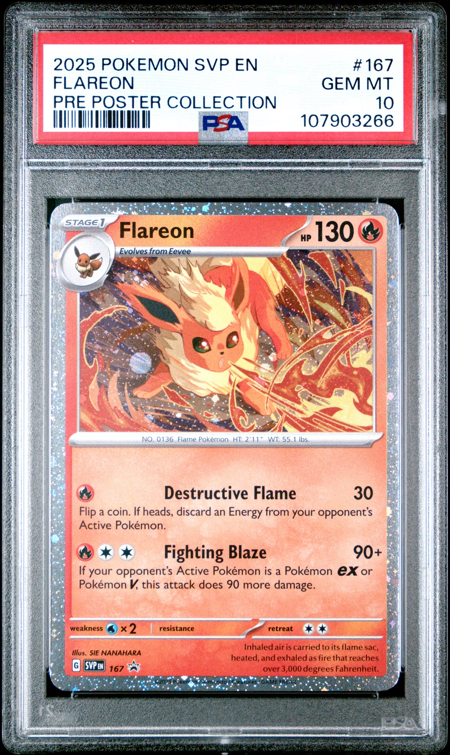 FLAREON 167/SVP [Cosmos Holo]  POKEMON SVP EN-SV BLACK STAR PROMO PRE POSTER COLLECTION PSA10 GEM MT 10 PSA population 506 <a href=https://www.psacard.com/cert/107903266/psa>https://www.psacard.com/cert/107903266/psa</a>