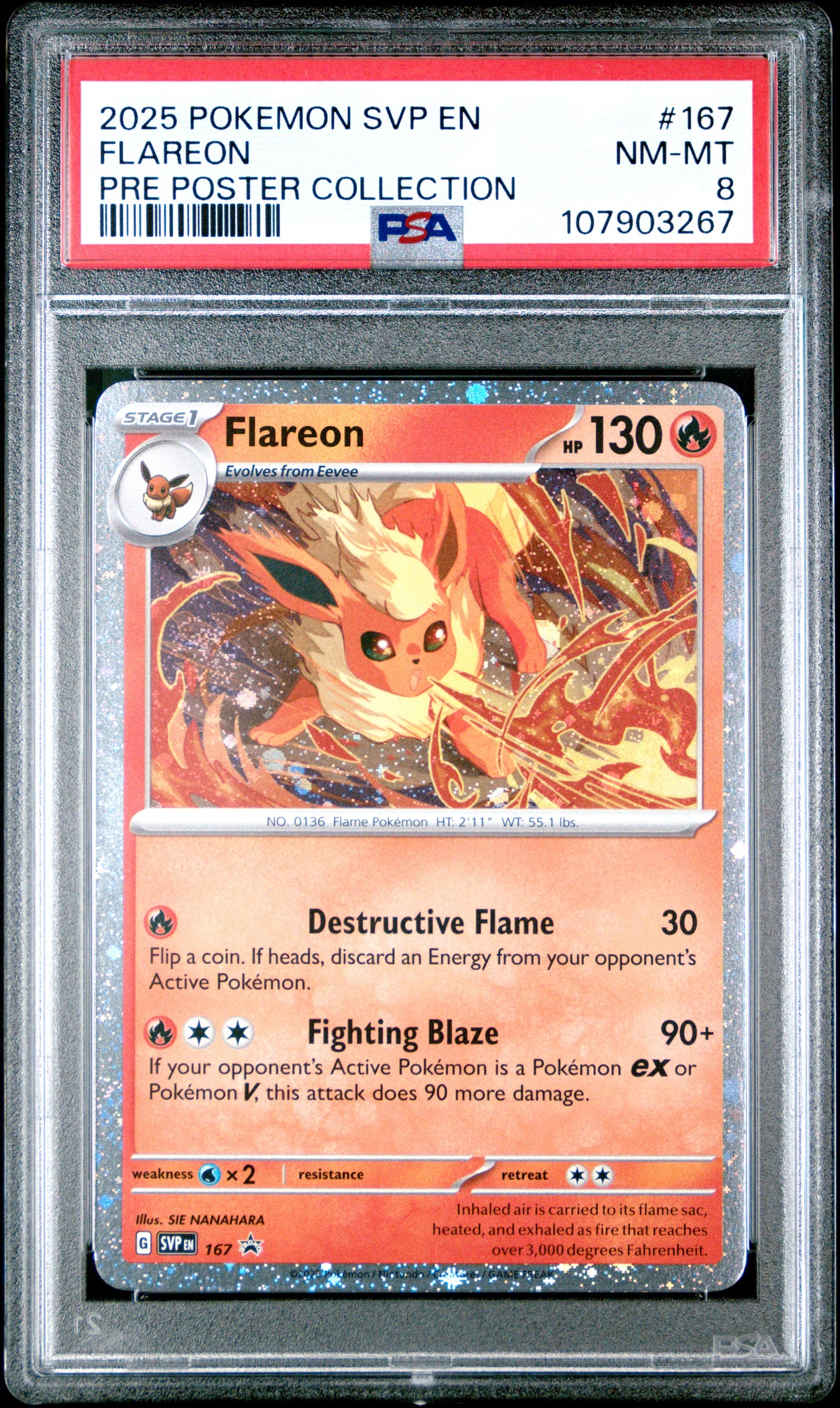 FLAREON 167/SVP [Cosmos Holo]  POKEMON SVP EN-SV BLACK STAR PROMO PRE POSTER COLLECTION PSA8 NM-MT 8 PSA population 174 <a href=https://www.psacard.com/cert/107903267/psa>https://www.psacard.com/cert/107903267/psa</a>