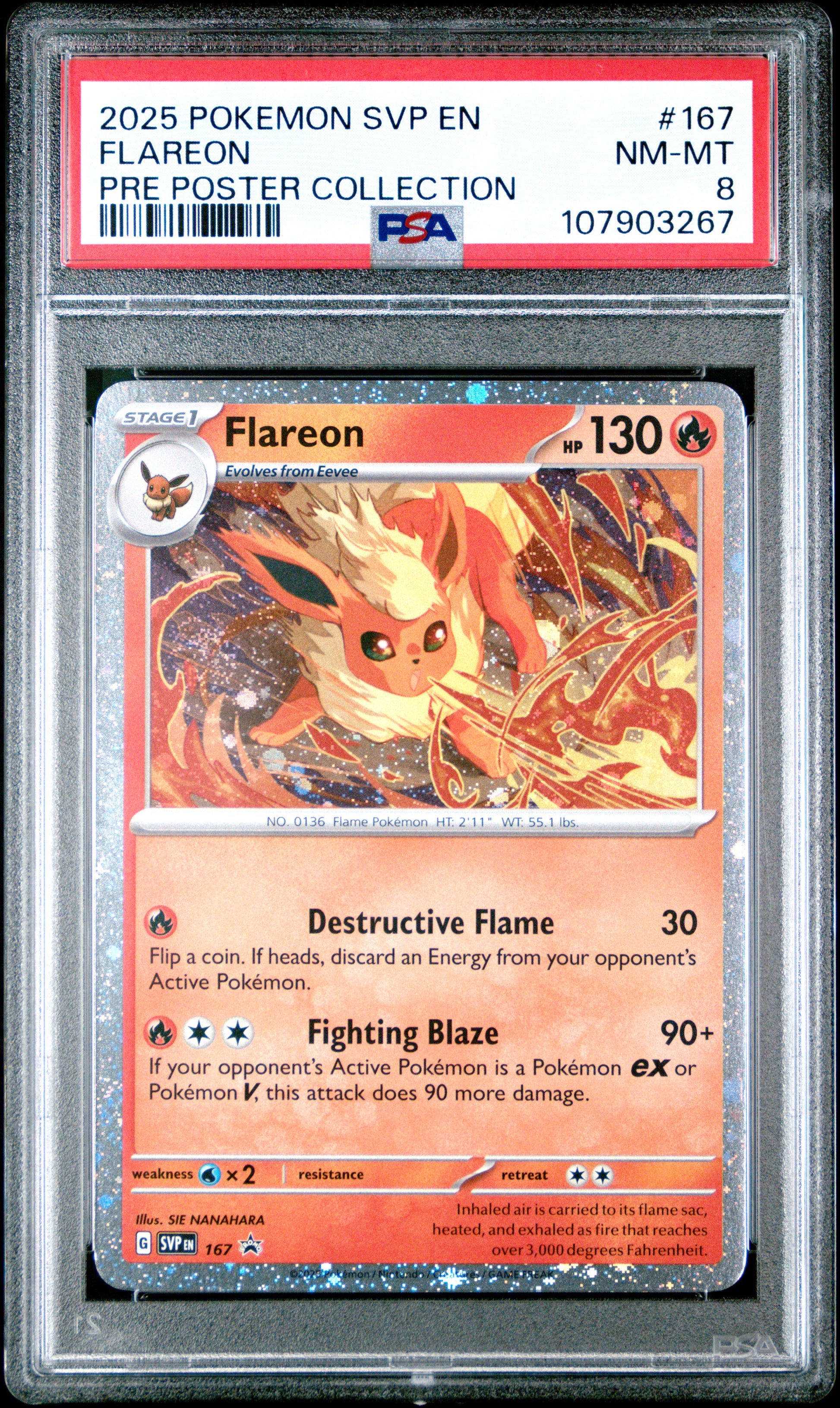 FLAREON 167/SVP [Cosmos Holo]  POKEMON SVP EN-SV BLACK STAR PROMO PRE POSTER COLLECTION PSA8 NM-MT 8 PSA population 174 <a href=https://www.psacard.com/cert/107903267/psa>https://www.psacard.com/cert/107903267/psa</a>