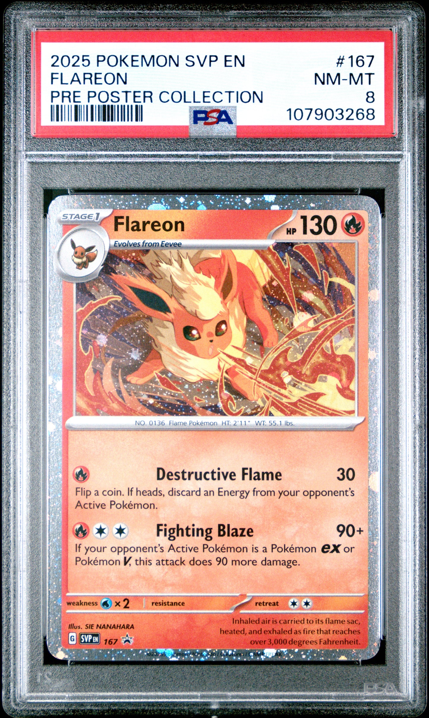 FLAREON 167/SVP [Cosmos Holo]  POKEMON SVP EN-SV BLACK STAR PROMO PRE POSTER COLLECTION PSA8 NM-MT 8 PSA population 174 <a href=https://www.psacard.com/cert/107903268/psa>https://www.psacard.com/cert/107903268/psa</a>