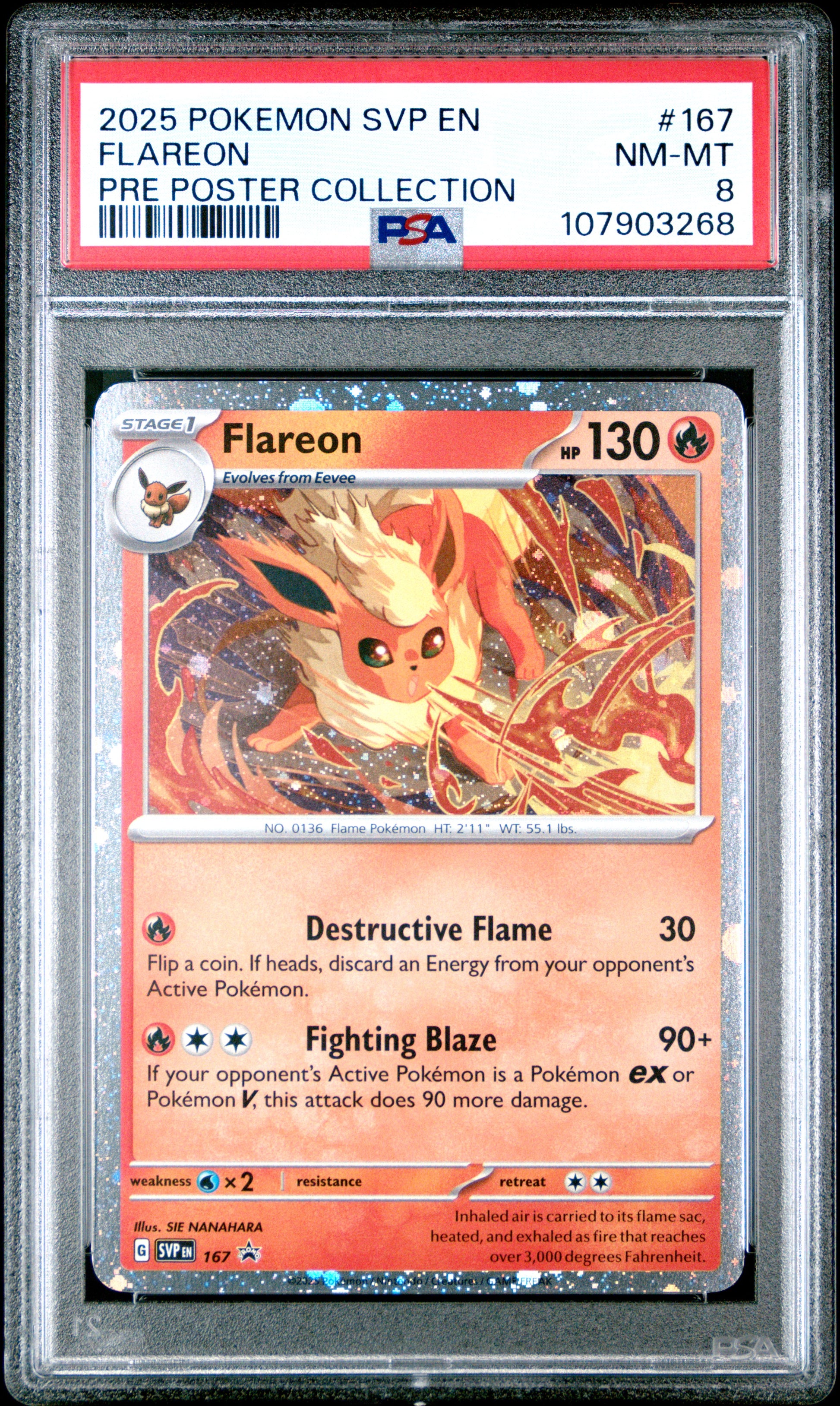 FLAREON 167/SVP [Cosmos Holo]  POKEMON SVP EN-SV BLACK STAR PROMO PRE POSTER COLLECTION PSA8 NM-MT 8 PSA population 174 <a href=https://www.psacard.com/cert/107903268/psa>https://www.psacard.com/cert/107903268/psa</a>