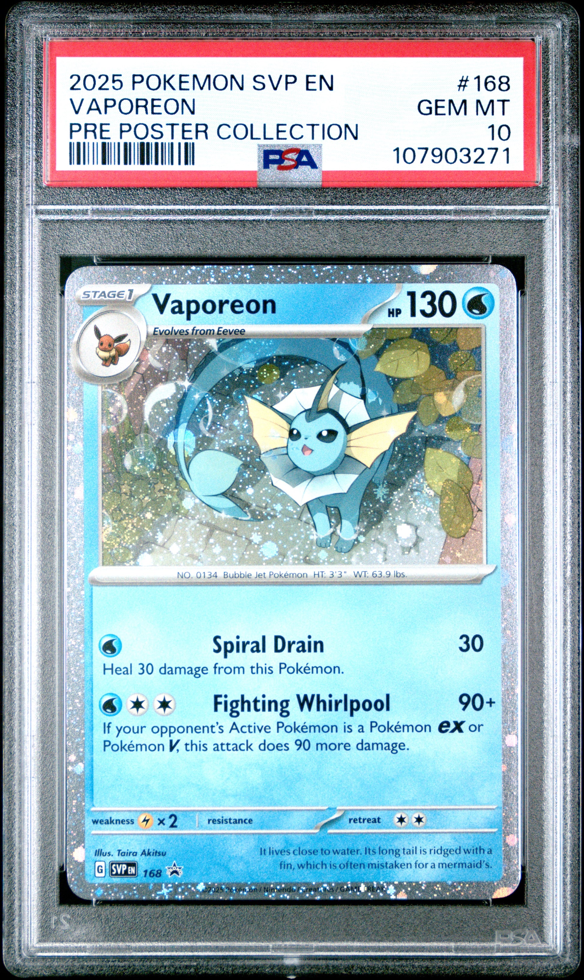 VAPOREON 168/SVP [Cosmos Holo]  POKEMON SVP EN-SV BLACK STAR PROMO PRE POSTER COLLECTION PSA10 GEM MT 10 PSA population 761 <a href=https://www.psacard.com/cert/107903271/psa>https://www.psacard.com/cert/107903271/psa</a>