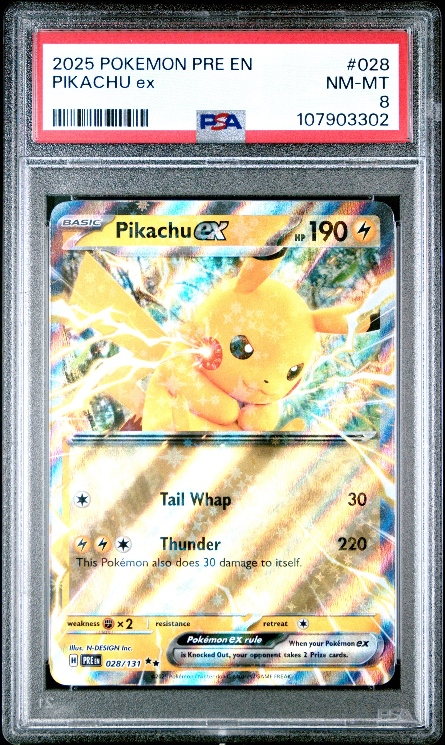 PIKACHU EX 28/131 Common POKEMON PRE EN-PRISMATIC EVOLUTIONS PSA8 NM-MT 8 PSA population 110 <a href=https://www.psacard.com/cert/107903302/psa>https://www.psacard.com/cert/107903302/psa</a>