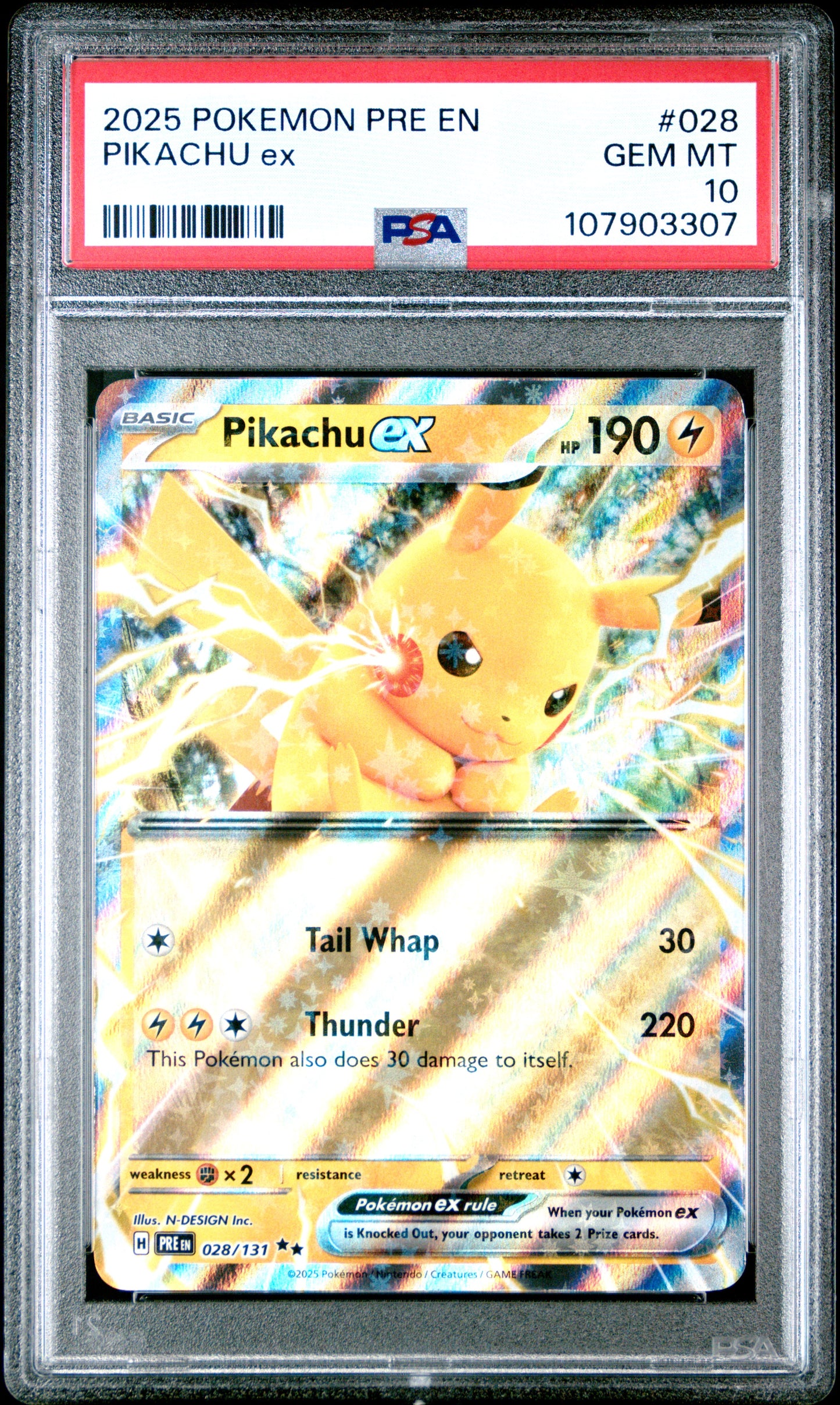 PIKACHU EX 28/131 Common POKEMON PRE EN-PRISMATIC EVOLUTIONS PSA10 GEM MT 10 PSA population 126 <a href=https://www.psacard.com/cert/107903307/psa>https://www.psacard.com/cert/107903307/psa</a>