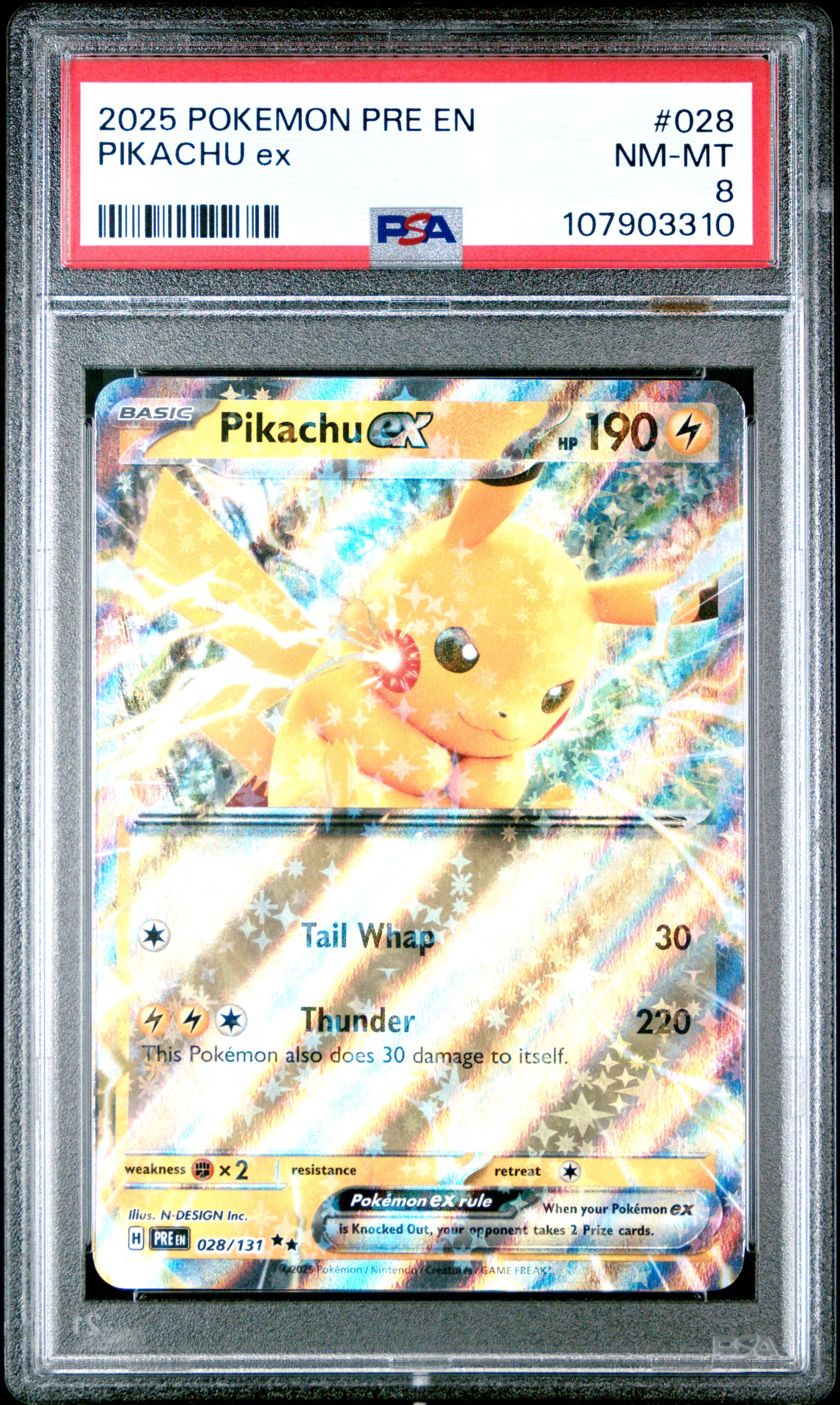 PIKACHU EX 28/131 Common POKEMON PRE EN-PRISMATIC EVOLUTIONS PSA8 NM-MT 8 PSA population 110 <a href=https://www.psacard.com/cert/107903310/psa>https://www.psacard.com/cert/107903310/psa</a>