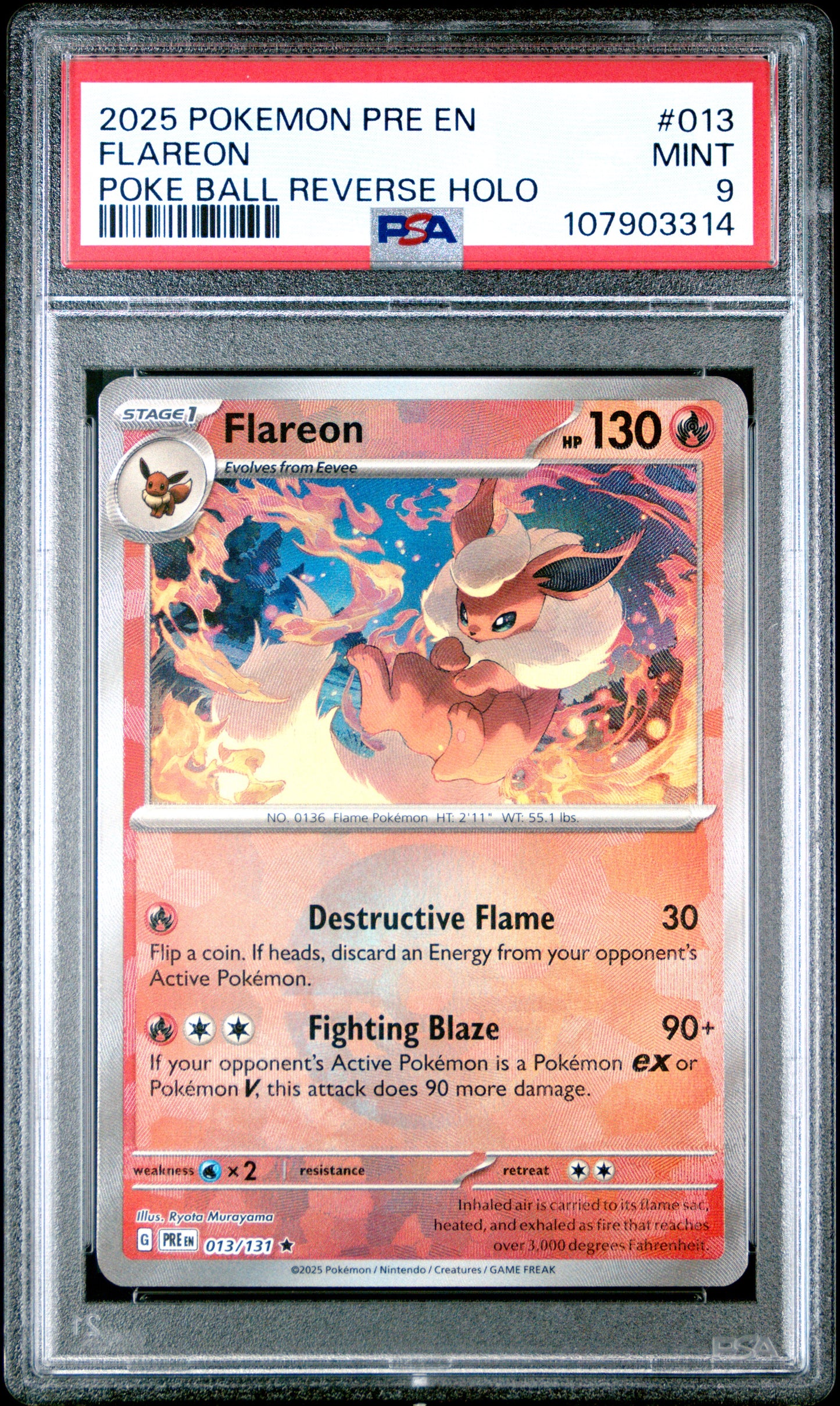 FLAREON 13/131 [Poke Ball] POKEMON PRE EN-PRISMATIC EVOLUTIONS POKE BALL REVERSE HOLO PSA9 MINT 9 PSA population 312 <a href=https://www.psacard.com/cert/107903314/psa>https://www.psacard.com/cert/107903314/psa</a>