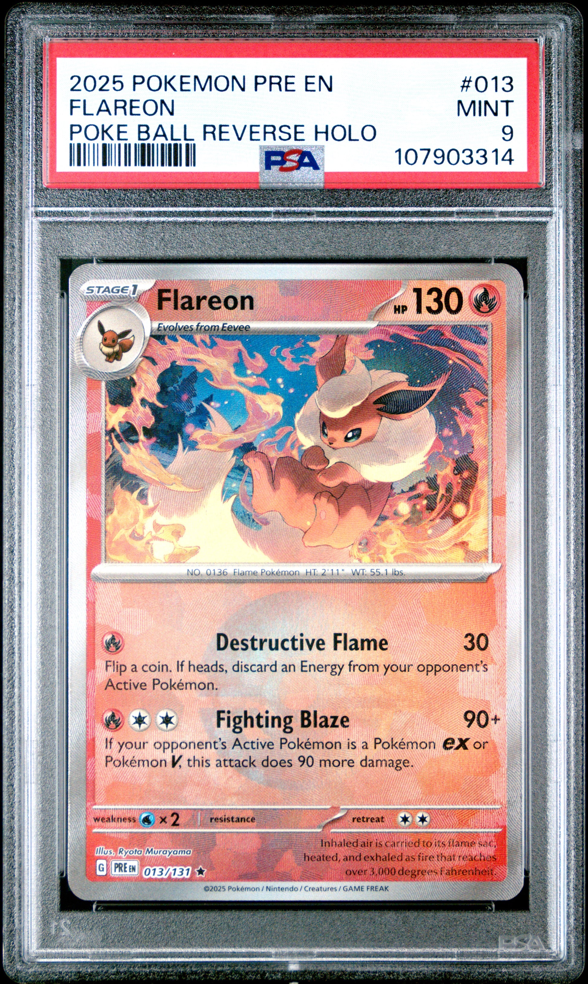 FLAREON 13/131 [Poke Ball] POKEMON PRE EN-PRISMATIC EVOLUTIONS POKE BALL REVERSE HOLO PSA9 MINT 9 PSA population 312 <a href=https://www.psacard.com/cert/107903314/psa>https://www.psacard.com/cert/107903314/psa</a>