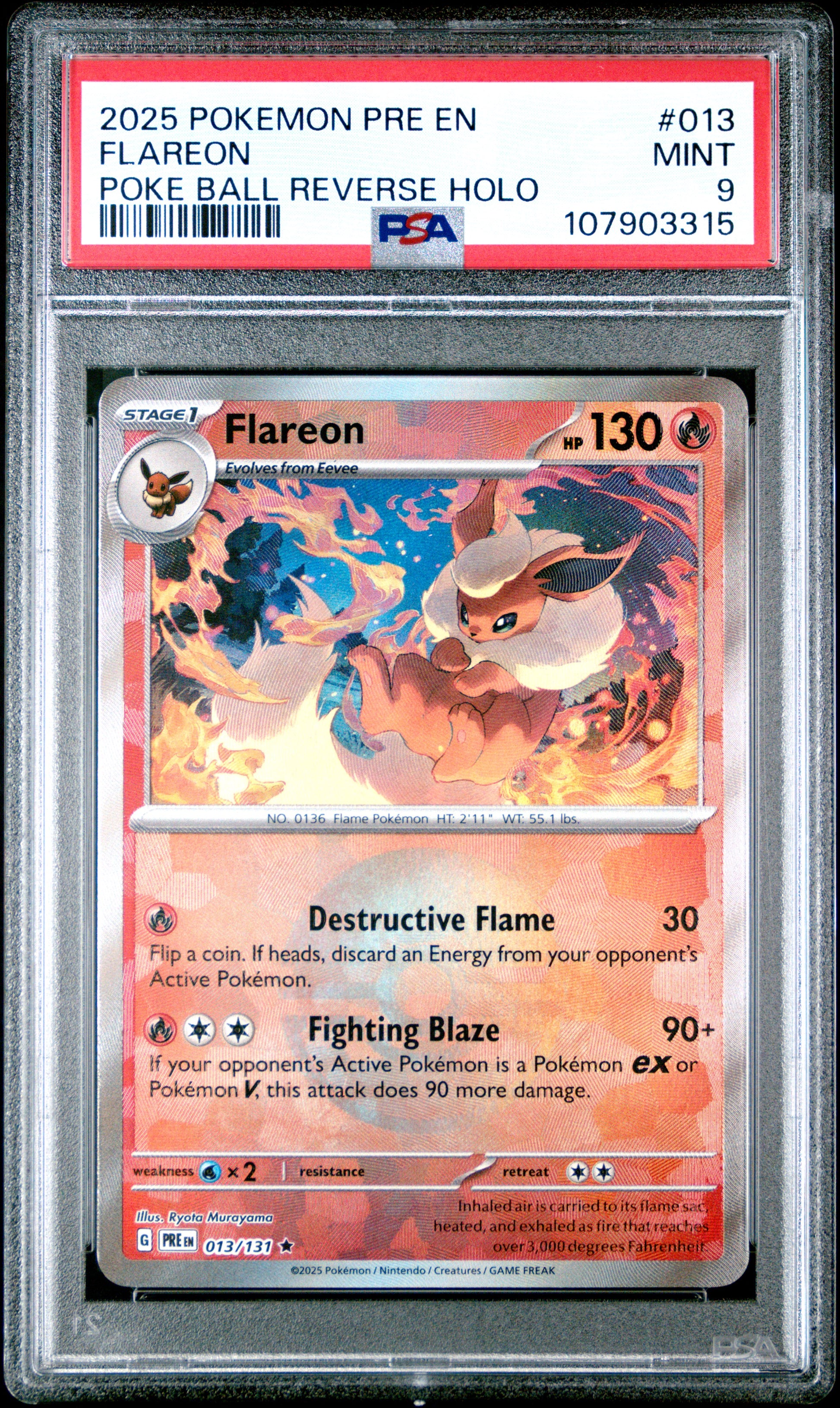FLAREON 13/131 [Poke Ball] POKEMON PRE EN-PRISMATIC EVOLUTIONS POKE BALL REVERSE HOLO PSA9 MINT 9 PSA population 312 <a href=https://www.psacard.com/cert/107903315/psa>https://www.psacard.com/cert/107903315/psa</a>