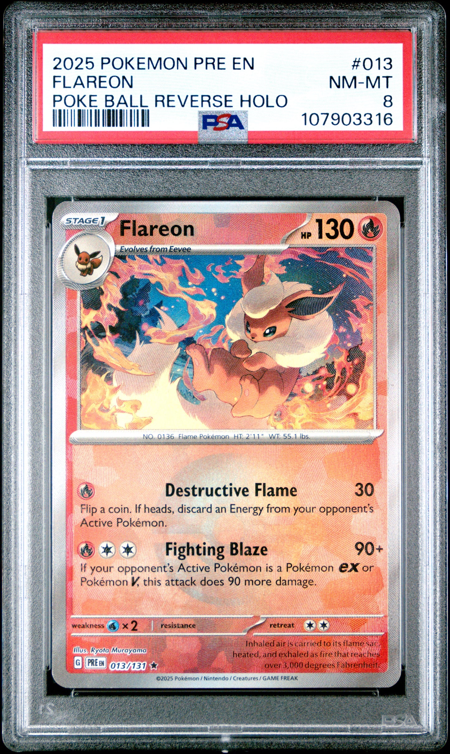FLAREON 13/131 [Poke Ball] POKEMON PRE EN-PRISMATIC EVOLUTIONS POKE BALL REVERSE HOLO PSA8 NM-MT 8 PSA population 81 <a href=https://www.psacard.com/cert/107903316/psa>https://www.psacard.com/cert/107903316/psa</a>