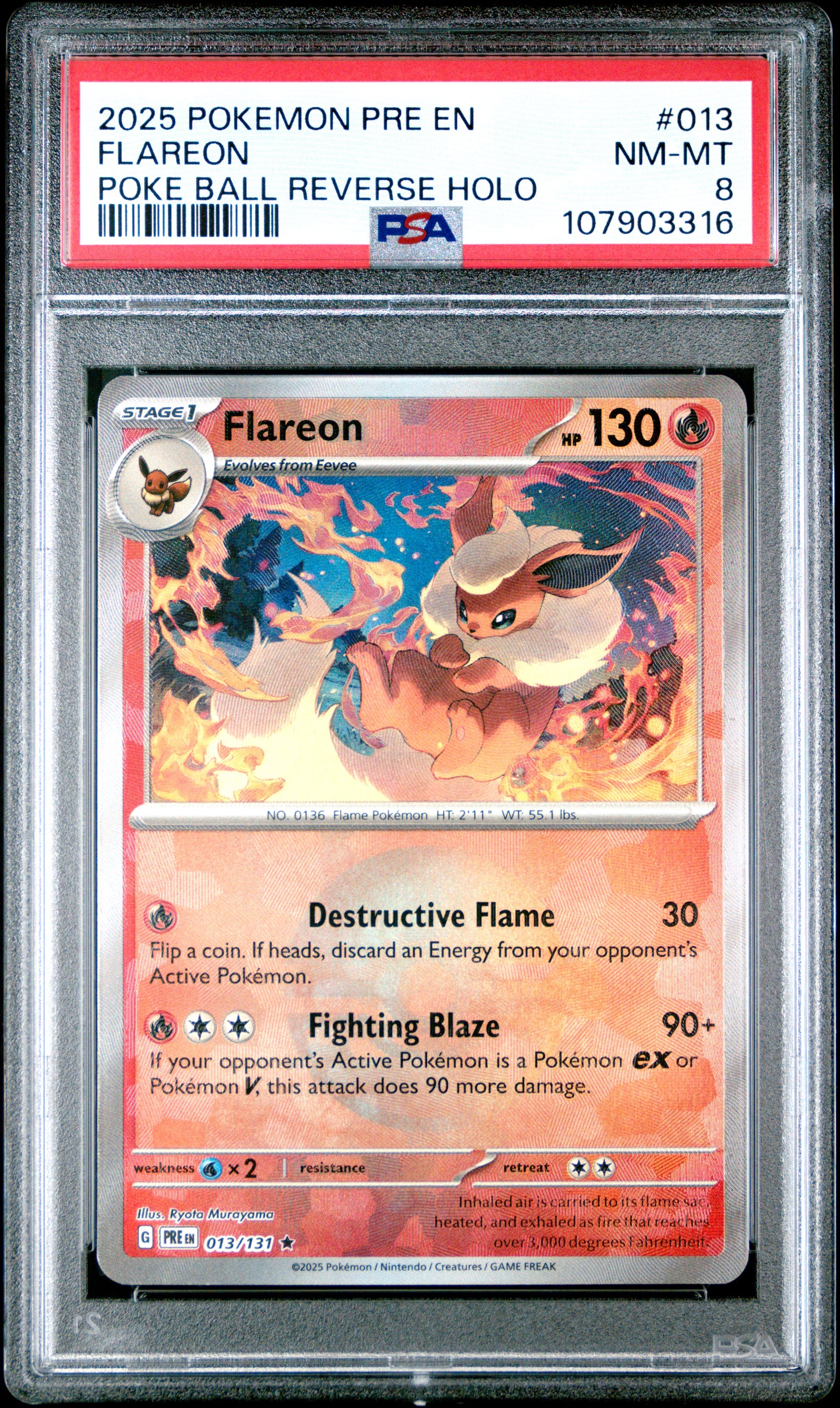 FLAREON 13/131 [Poke Ball] POKEMON PRE EN-PRISMATIC EVOLUTIONS POKE BALL REVERSE HOLO PSA8 NM-MT 8 PSA population 81 <a href=https://www.psacard.com/cert/107903316/psa>https://www.psacard.com/cert/107903316/psa</a>