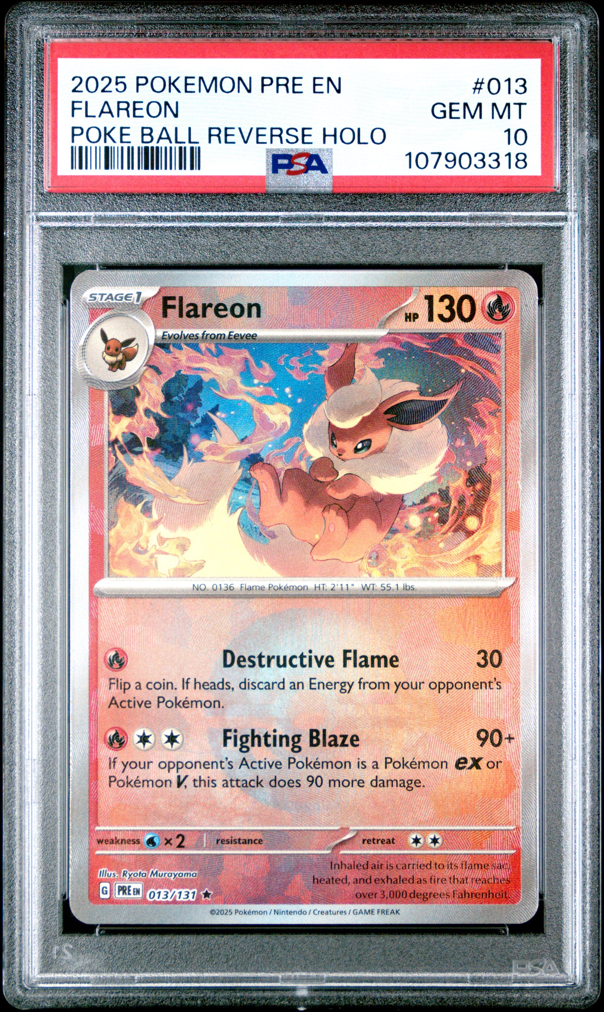 FLAREON 13/131 [Master Ball]  POKEMON PRE EN-PRISMATIC EVOLUTIONS POKE BALL REVERSE HOLO PSA10 GEM MT 10 PSA population 98 <a href=https://www.psacard.com/cert/107903318/psa>https://www.psacard.com/cert/107903318/psa</a>