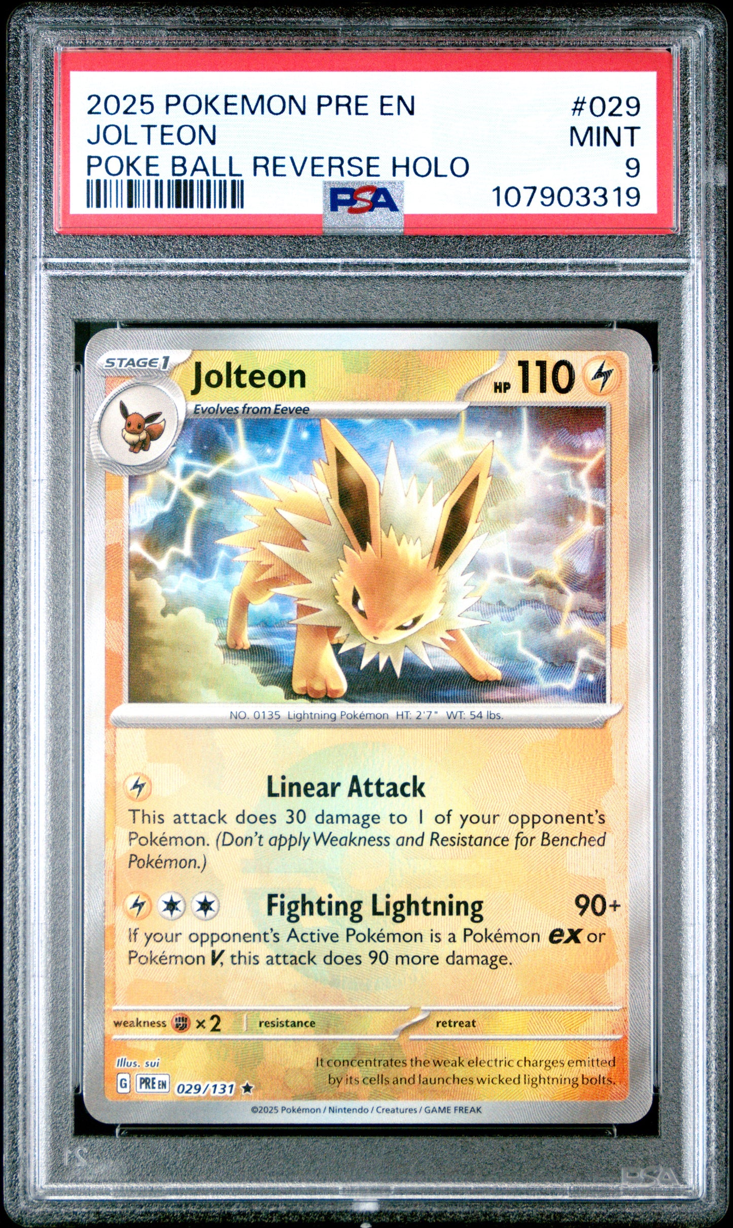 JOLTEON 29/131 [Poke Ball] POKEMON PRE EN-PRISMATIC EVOLUTIONS POKE BALL REVERSE HOLO PSA9 MINT 9 PSA population 281 <a href=https://www.psacard.com/cert/107903319/psa>https://www.psacard.com/cert/107903319/psa</a>