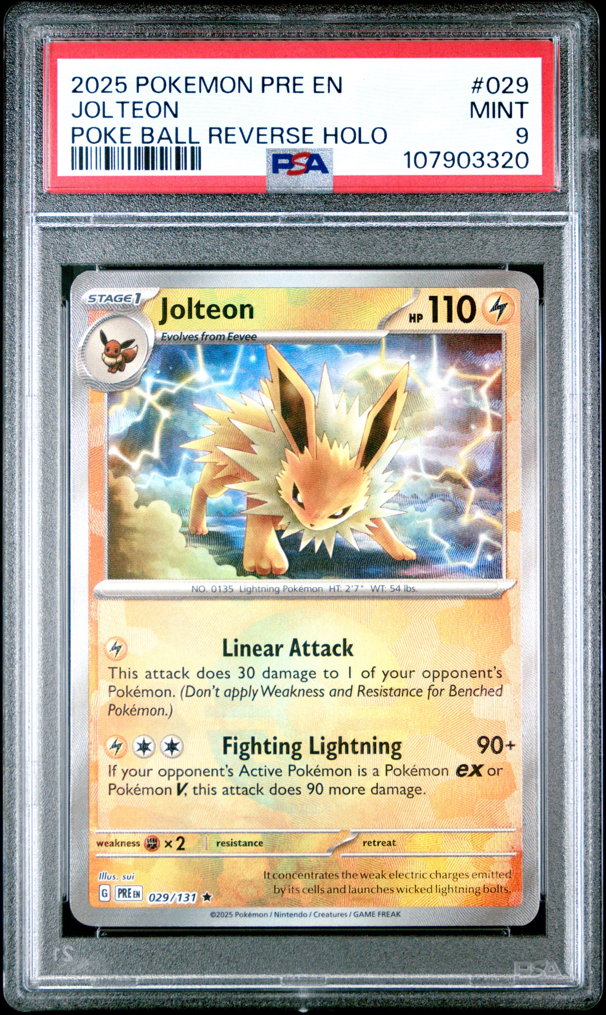 JOLTEON 29/131 [Poke Ball] POKEMON PRE EN-PRISMATIC EVOLUTIONS POKE BALL REVERSE HOLO PSA9 MINT 9 PSA population 281 <a href=https://www.psacard.com/cert/107903320/psa>https://www.psacard.com/cert/107903320/psa</a>