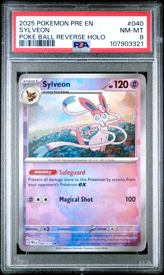 SYLVEON 40/131 [Poke Ball] POKEMON PRE EN-PRISMATIC EVOLUTIONS POKE BALL REVERSE HOLO PSA8 NM-MT 8 PSA population 127 <a href=https://www.psacard.com/cert/107903321/psa>https://www.psacard.com/cert/107903321/psa</a>