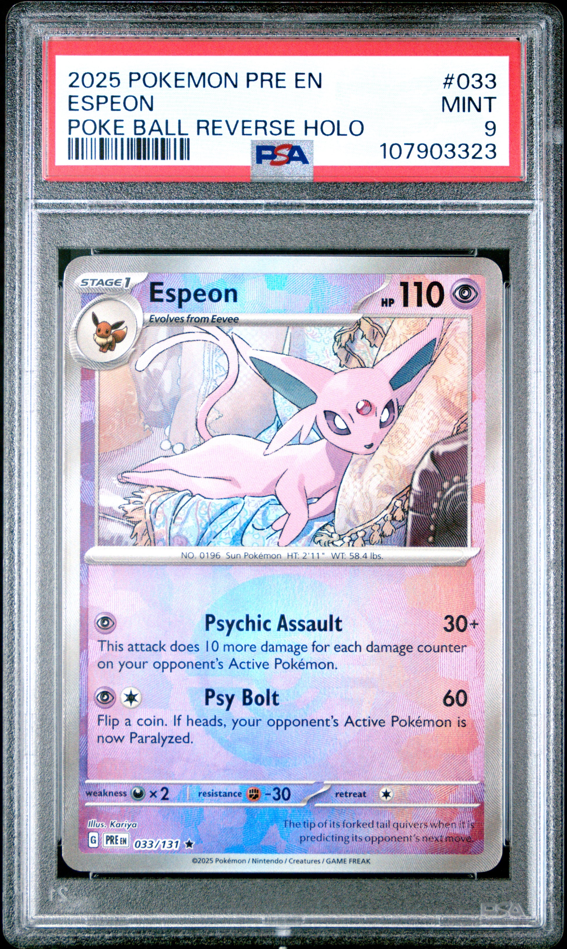 ESPEON 33/131 [Poke Ball] POKEMON PRE EN-PRISMATIC EVOLUTIONS POKE BALL REVERSE HOLO PSA9 MINT 9 PSA population 368 <a href=https://www.psacard.com/cert/107903323/psa>https://www.psacard.com/cert/107903323/psa</a>