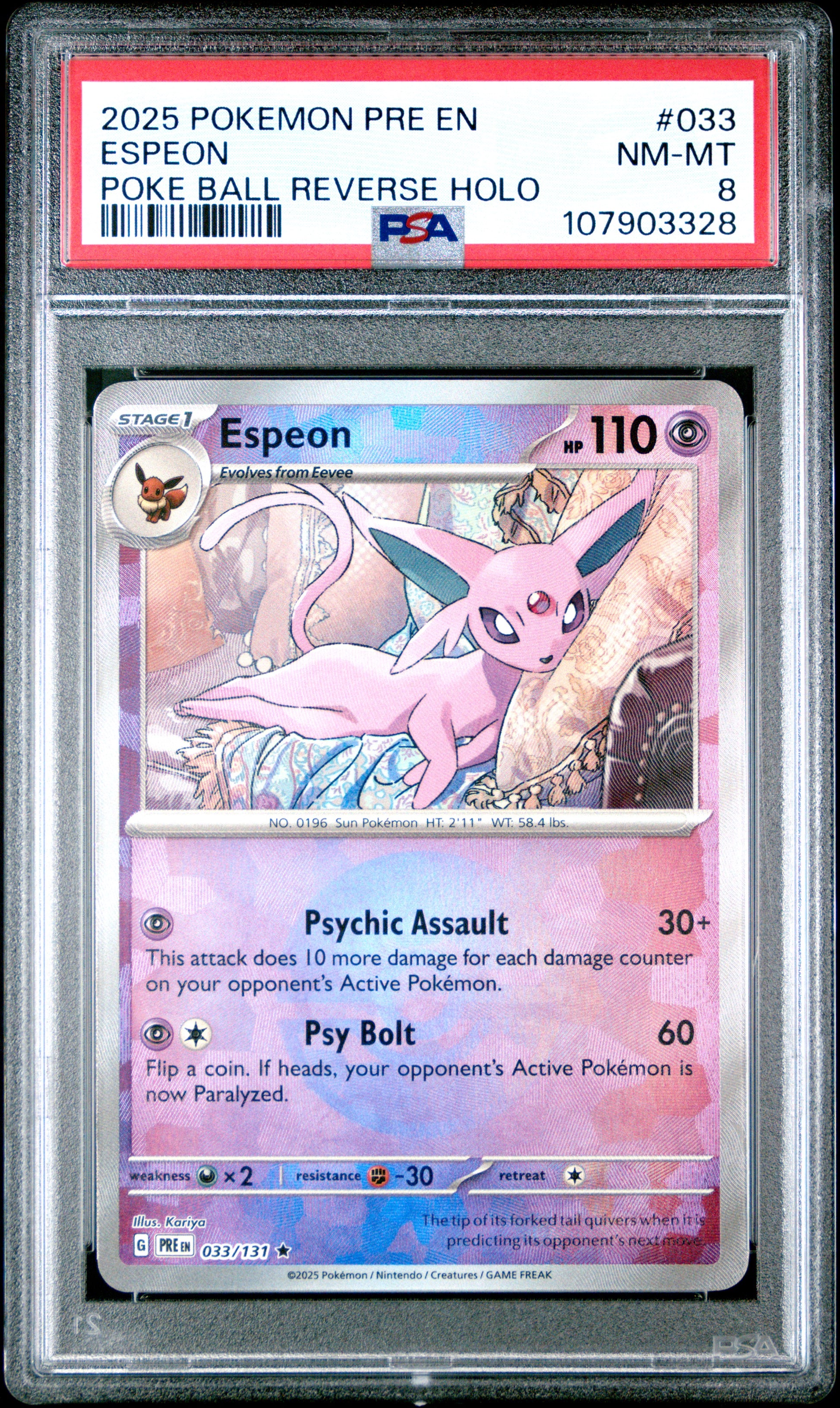 ESPEON 33/131 [Poke Ball] POKEMON PRE EN-PRISMATIC EVOLUTIONS POKE BALL REVERSE HOLO PSA8 NM-MT 8 PSA population 105 <a href=https://www.psacard.com/cert/107903328/psa>https://www.psacard.com/cert/107903328/psa</a>