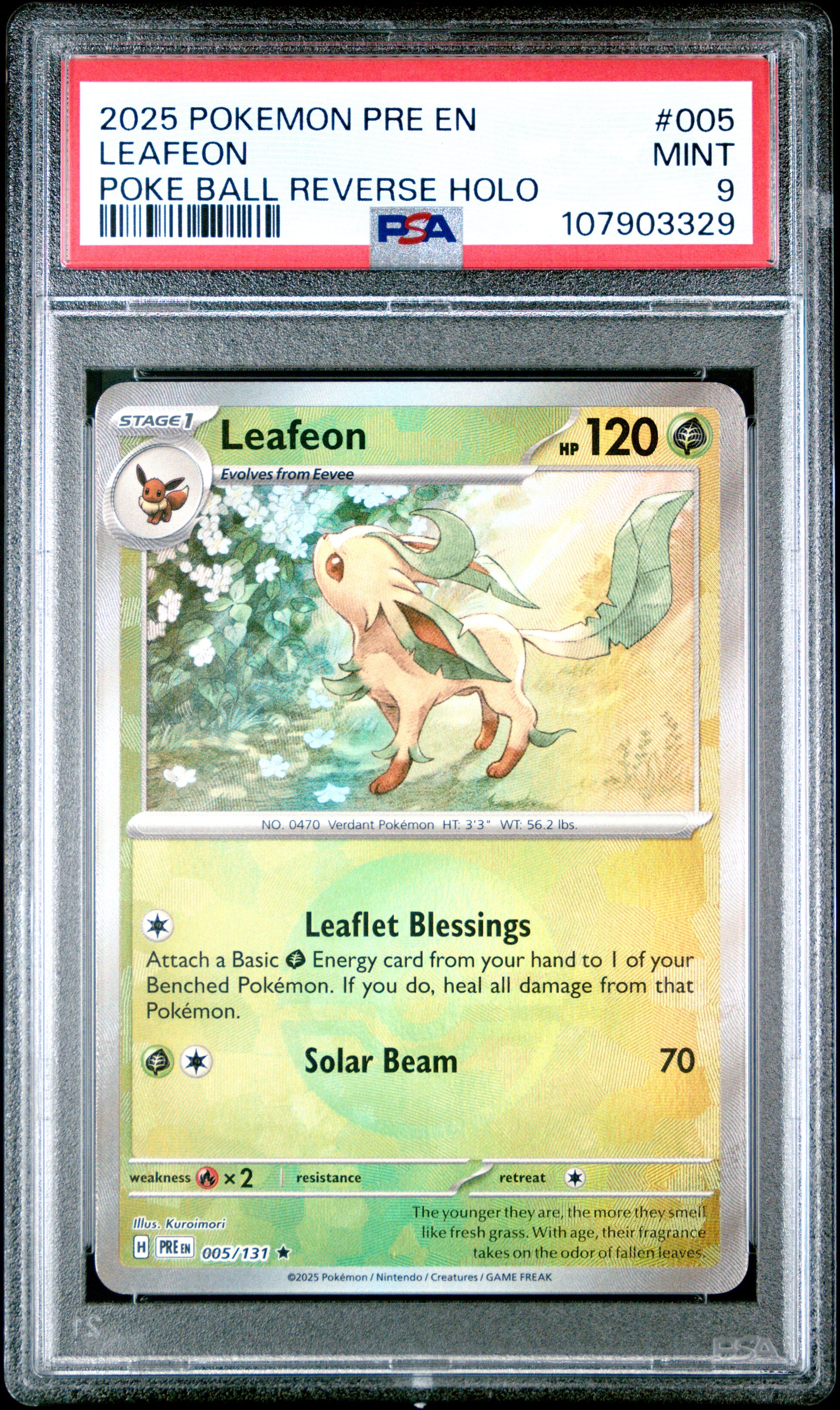 LEAFEON 5/131 [Poke Ball] POKEMON PRE EN-PRISMATIC EVOLUTIONS POKE BALL REVERSE HOLO PSA9 MINT 9 PSA population 277 <a href=https://www.psacard.com/cert/107903329/psa>https://www.psacard.com/cert/107903329/psa</a>